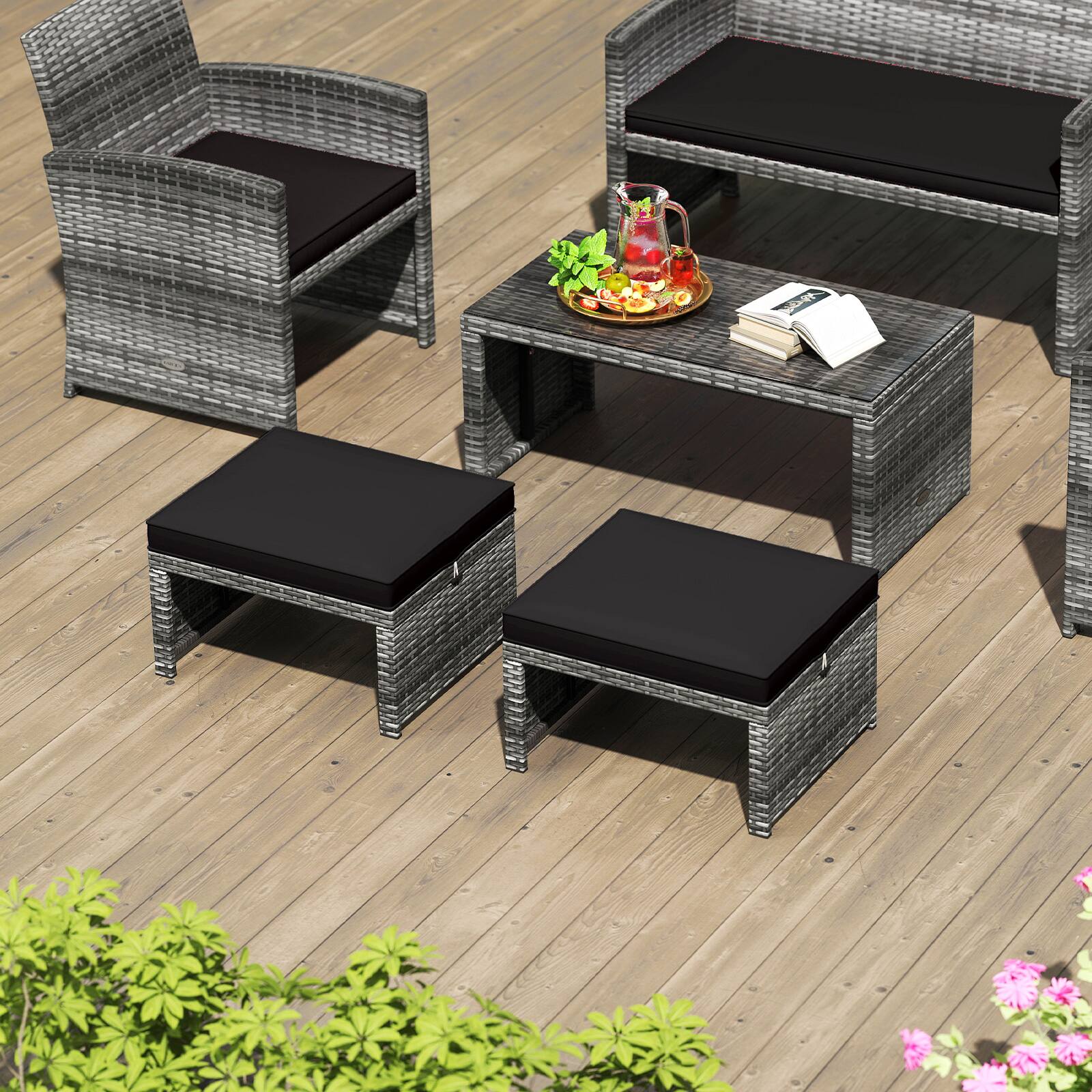 Alt View 8. Gymax - Gymax 2 Pieces Patio PE Rattan Ottomans with Soft Zippered Cushions for Deck Black - Black.
