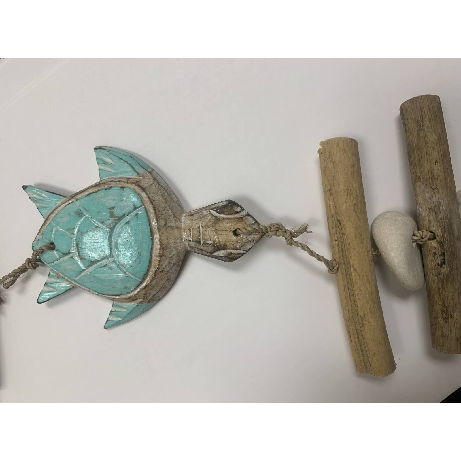 Angle. Bamboo Source Tropical Decor - Wooden Aqua Three Sea Turtle Strand With Driftwood and Stone Mobile 34.5 inch - Multicolor.