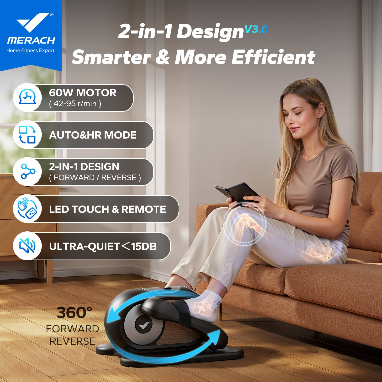 Back. MERACH - MERACH E32 Under Desk Elliptical Machine Leg Exerciser Home Non-Slip Pad 12 level - Black.