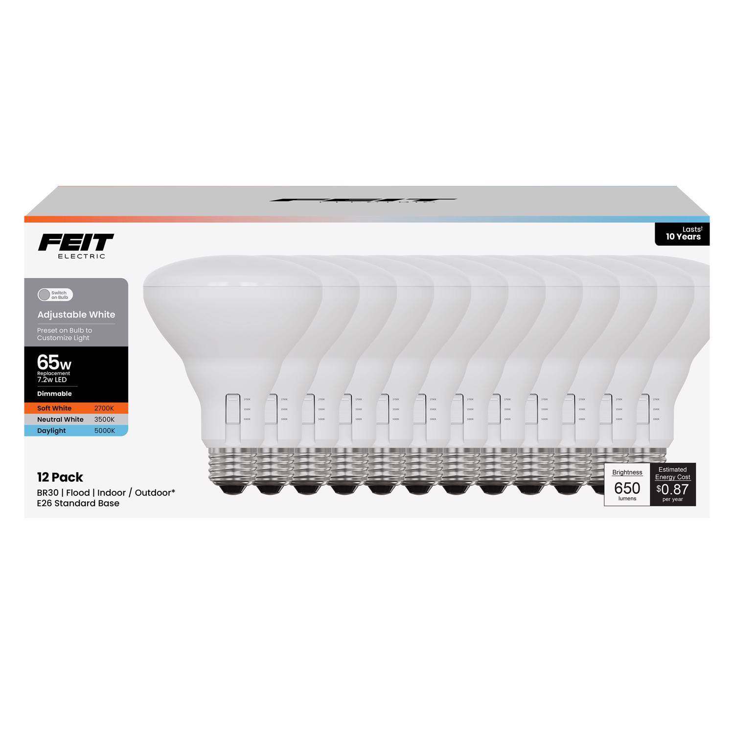 FEIT Electric Adjustable White Preset on Bulb to Customize Light 65w 7.2w LED Dimmable Soft White 2700K Neutral White 3500K Daylight 12 Pack BR30 Flood | Indoor / Outdoor* E26 Standard Base Falolimated Brightness Energy Cost 650 lumens $0.87 per year