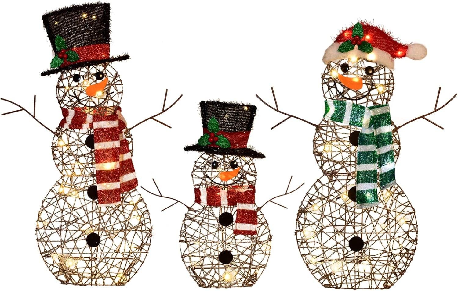 Wikistore - 3-Piece 2D Lighted Christmas Rattan Snowman Family Set 80 LED Outdoor Yard Decoration