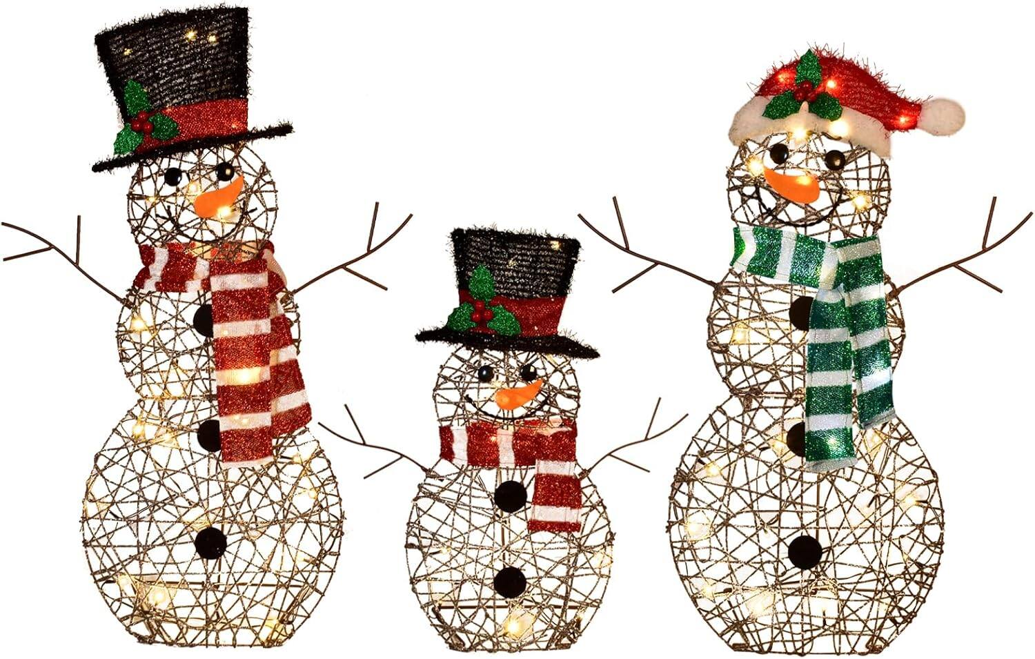 Front. Wikistore - WIKISTORE 3-Piece 2D Lighted Christmas Rattan Snowman Family Set 80 LED Outdoor Yard Decoration.
