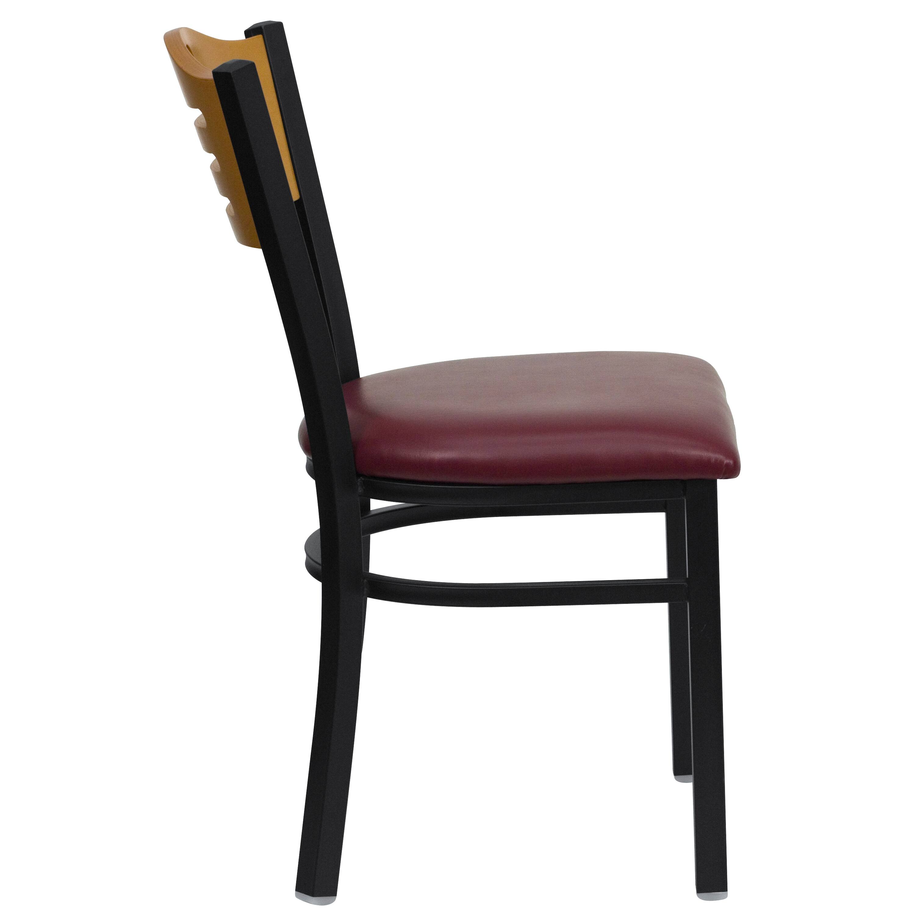 Alt View 5. Emma + Oliver - 2 Pack Slat Back Metal Restaurant Chair - Natural Wood Back/Burgundy Vinyl Seat/Black Metal.