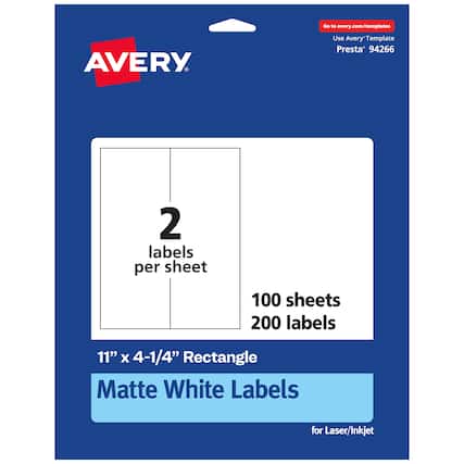 Go to avery.com/templates
AVERY
Use Avery™ Template Presta® 94266
2 labels per sheet
100 sheets
200 labels
11" x 4-1/4" Rectangle
Matte White Labels for Laser/Inkjet