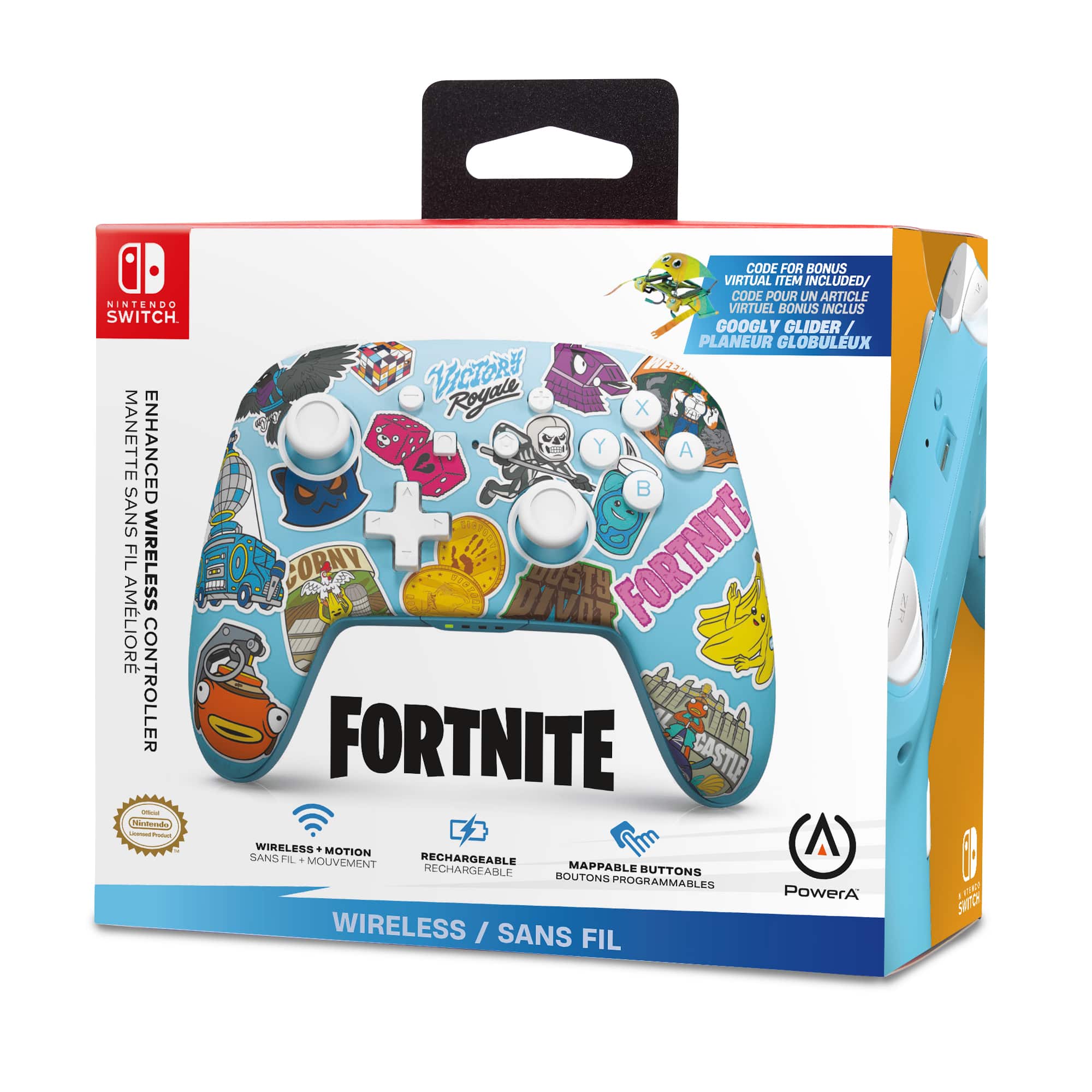Nintendo Switch. Manette Enhanced sans fil Wireless Amliore Controller - A - Code for Bonus Virtual Item Included. Code pour un article virtuel bonus inclus. Googly Glider / Planeur Globuleux Victor Royale X Y A Corny A Dusts Fortnite Fortnite Castle. Sanse Wireless. 1 Mouvement + Motion Rechargeable. Rechargeable Mappable Buttons. Boutons Programmables. PowerA Wireless / Sans Fil.