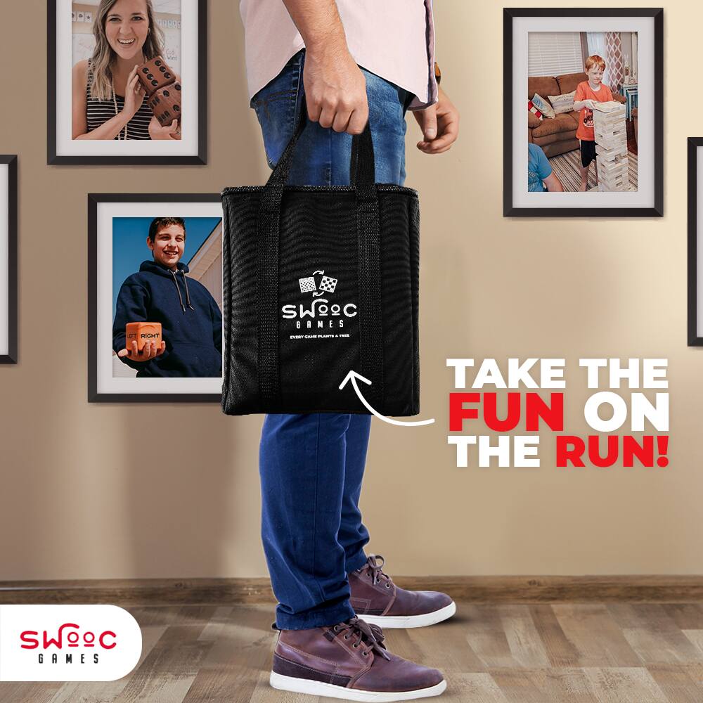 Sure, here is the corrected and grouped text from the image:

---

**SWOOC GAMES**

**TAKE THE FUN ON THE RUN!**

**SWOOC GAMES**

**EVERY GAME PLAYS A TREE**

---

The text is arranged as follows:

1. **SWOOC GAMES** (logo on the bag)
2. **TAKE THE FUN ON THE RUN!** (main slogan)
3. **SWOOC GAMES** (logo at the bottom left)
4. **EVERY GAME PLAYS A TREE** (tagline on the bag)