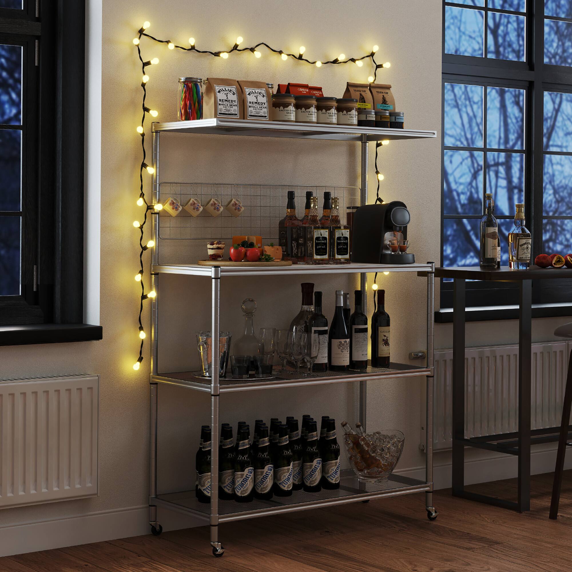 Alt View 4. Gymax - Gymax 4-Tier Coffee Bar Table w/Adjustable Shelves S Hooks Hanging Net & Shelf Liner - Silver.