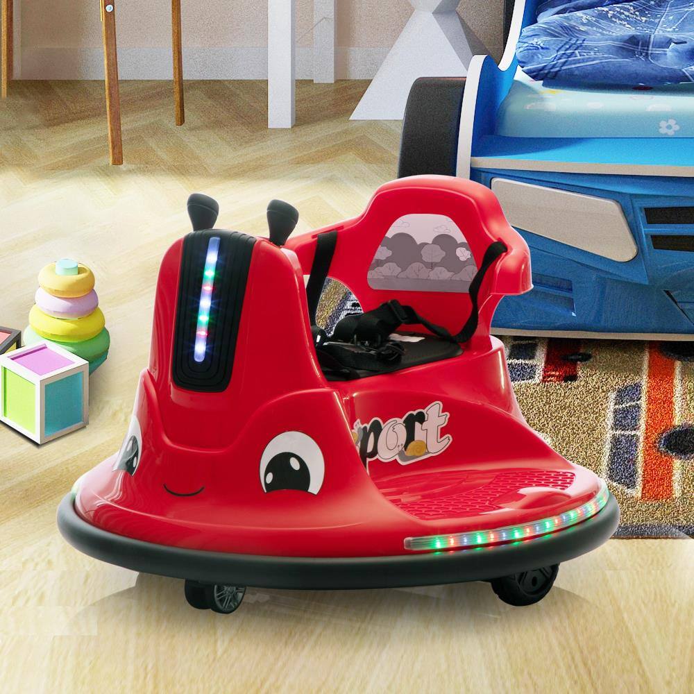 Angle. BreeBe - 12V Snail-Shaped Kids Electric Bumper Car w/ Remote Control, LED Lights, Music, 360° Rotation, ride on Toy, Age 3–8 - Black, Red.