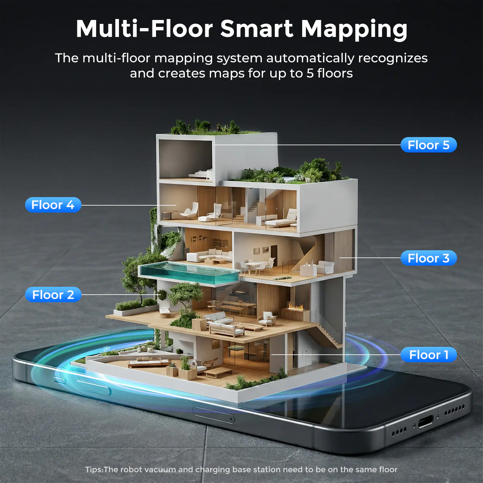 Multi-Floor Smart Mapping

The multi-floor mapping system automatically recognizes and creates maps for up to 5 floors

Floor 5  
Floor 4  
Floor 3  
Floor 2  
Floor 1  

Tips: The robot vacuum and charging base station need to be on the same floor