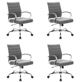 LeisureMod - Set of 4 Benmar Modern Leather Upholstered Swivel Office Chair with Ribbed Seat and Steel Frame - Gray