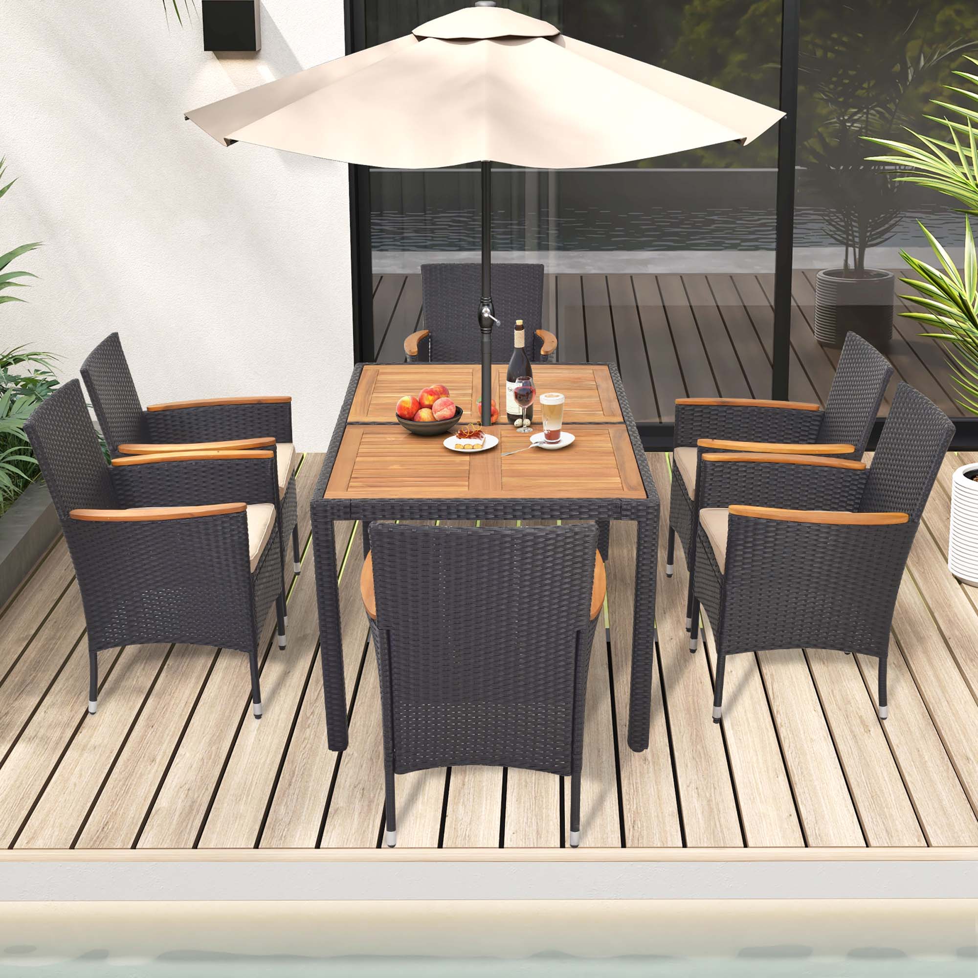 Alt View 4. Costway - Costway 7 PCS Outdoor Dining Set for 6 with Umbrella Hole Acacia Wood Tabletop Poolside - Black & Natural.