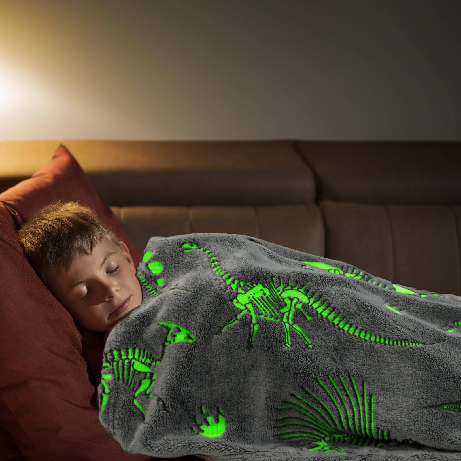 Alt View 2. NICHOLAS KLEIN - Glow In The Dark Blanket Dinosaur Throw For Soft Warm Cozy Cute Dino Dinosaurs Toys Gifts Glowing Room Deco... - Yellow Dinosaur Twin Size 60" x 80"(150 x 200 cm).
