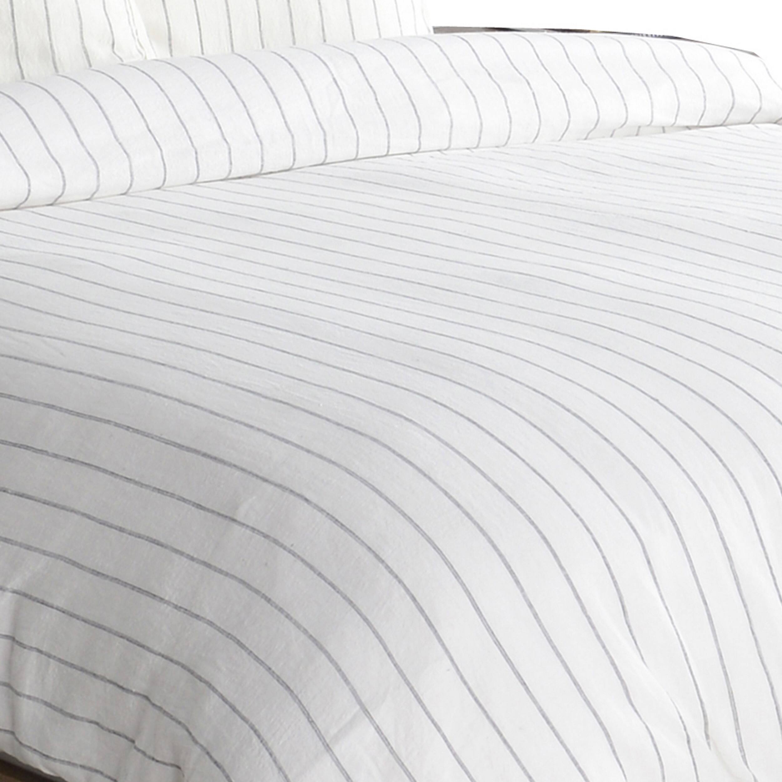 Left. Manhattan Lane - Tara Queen Size Linen Duvet Cover, Stripe Design and Mitered Corners - Ivory.