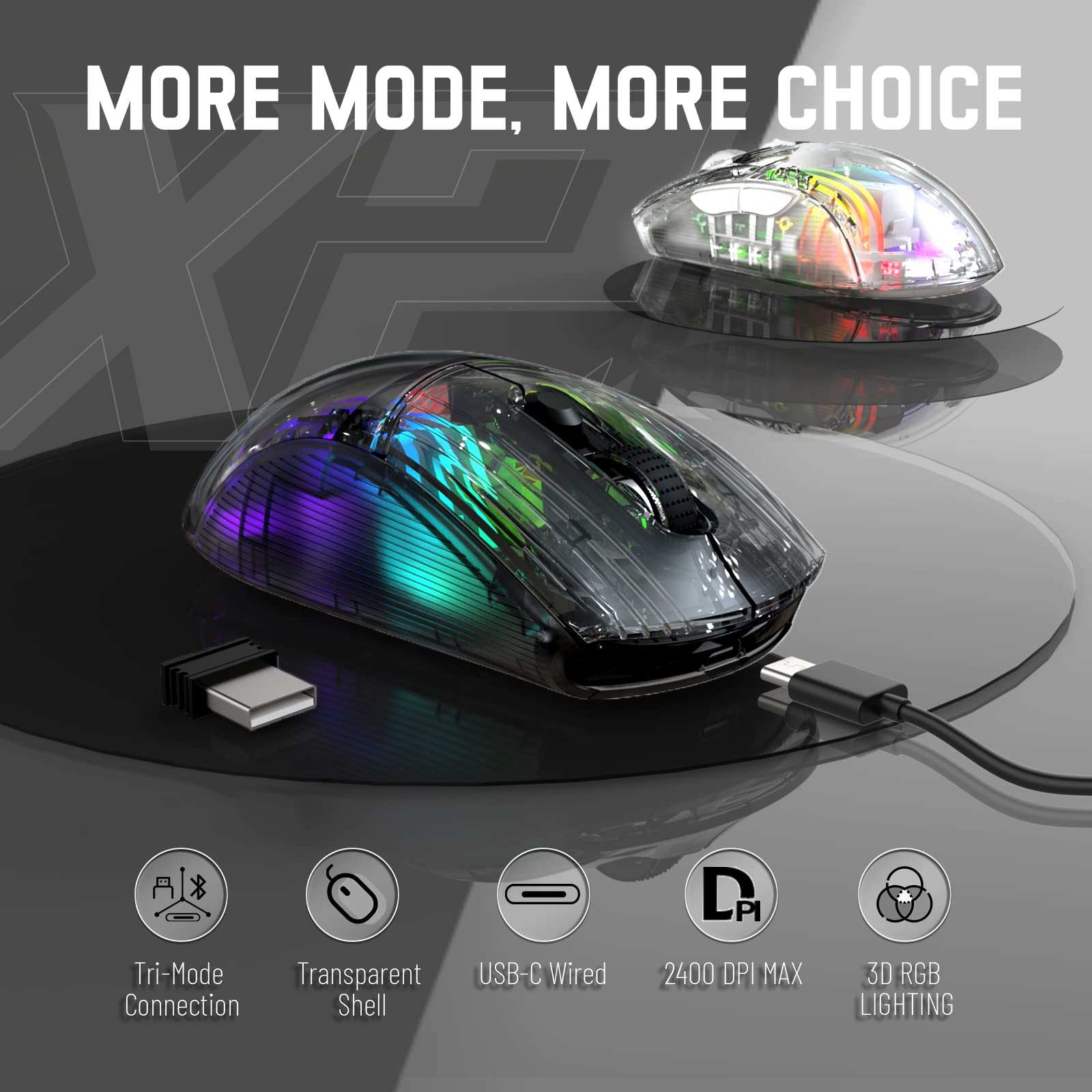 MORE MODE, MORE CHOICE

- Tri-Mode Connection
- Transparent Shell
- USB-C Wired
- 2400 DPI MAX
- 3D RGB LIGHTING