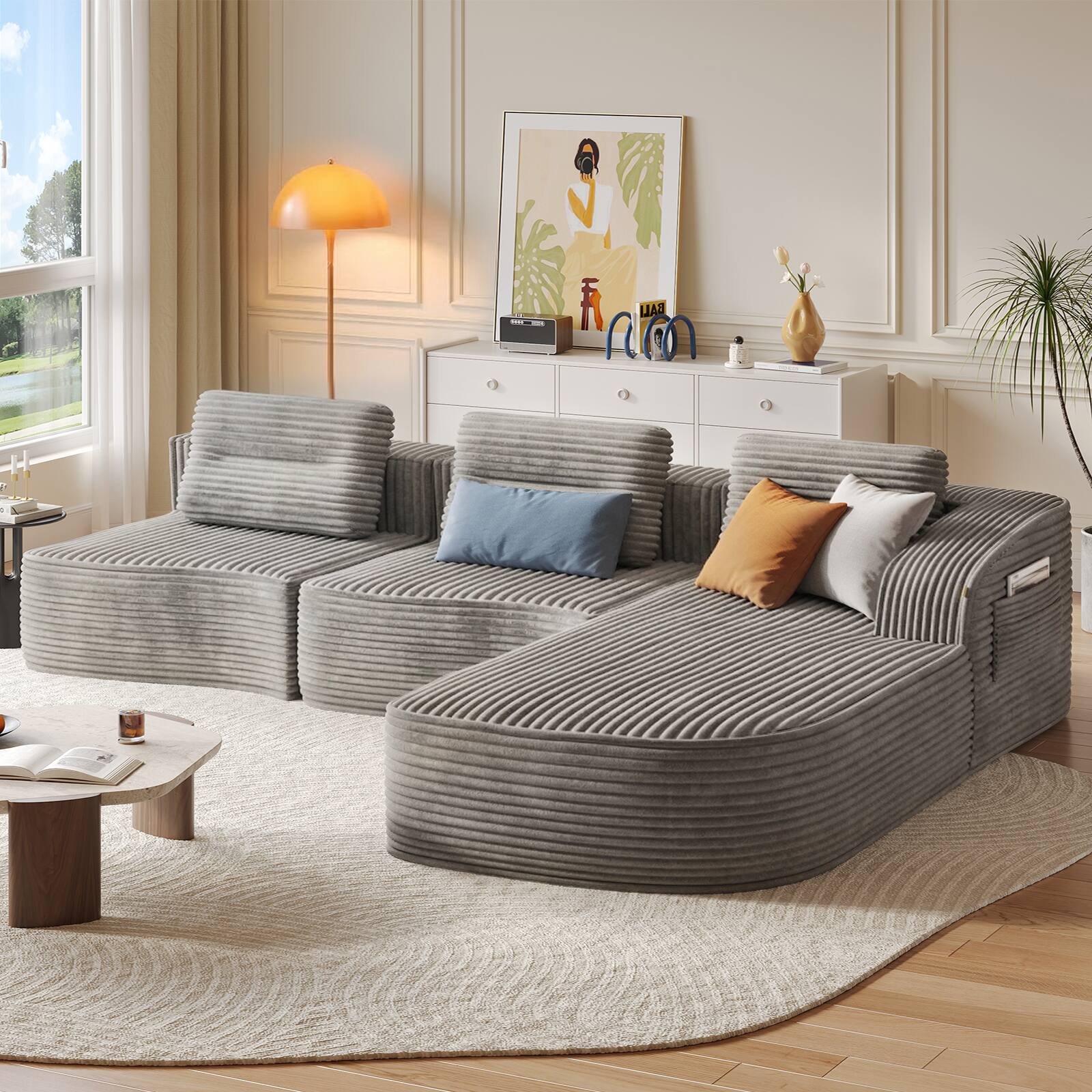 Angle. Pinmoco - PINMOCO Modular Sectional Sofa, Sleeper Sofa Bed with 3 Pillows, Boneless Couch with Side Pockets - Right Chaise Gray.