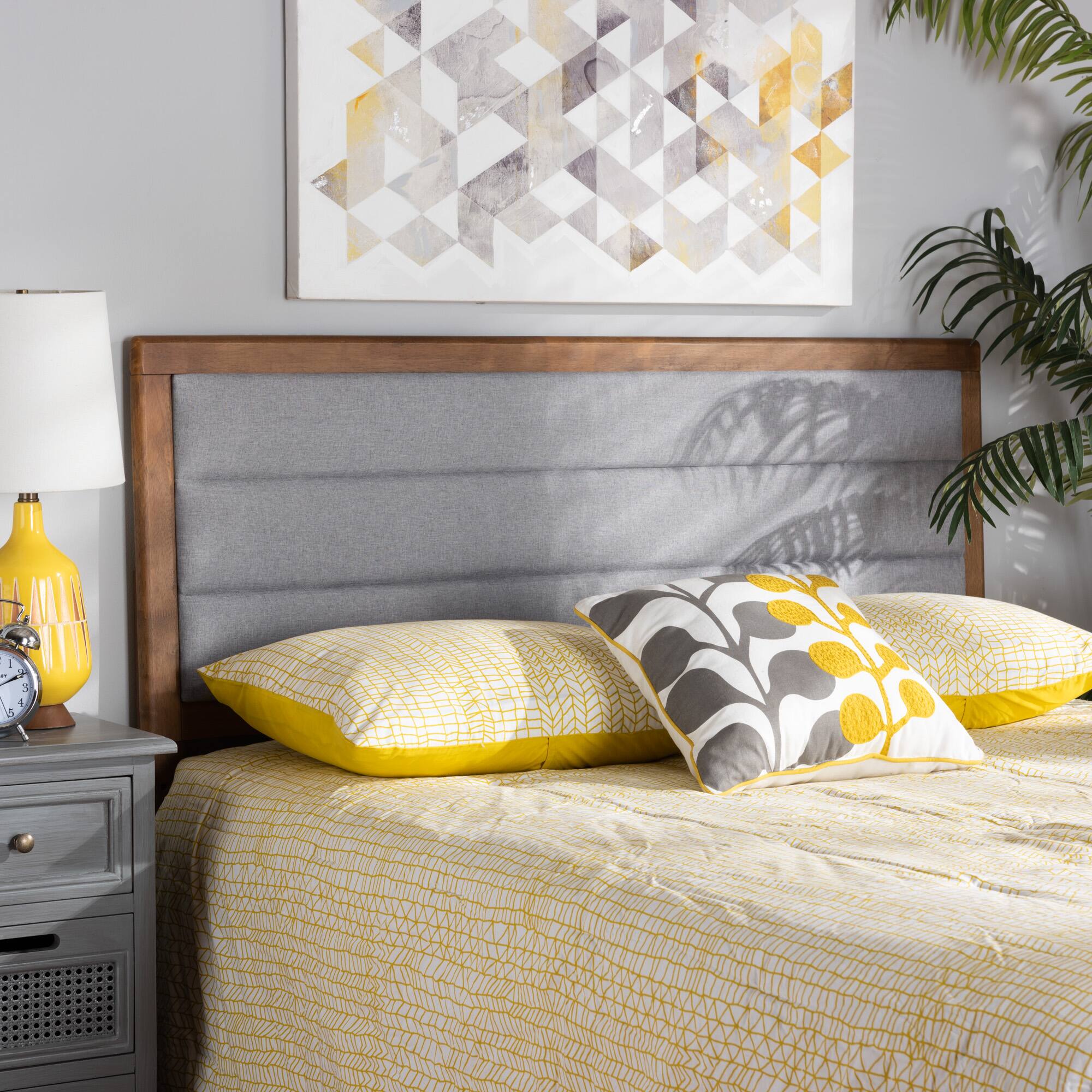 Back. Baxton Studio - Dexter Modern and Contemporary Fabric Upholstered and Finished Wood Queen Size Headboard - Light Grey/Walnut Brown.