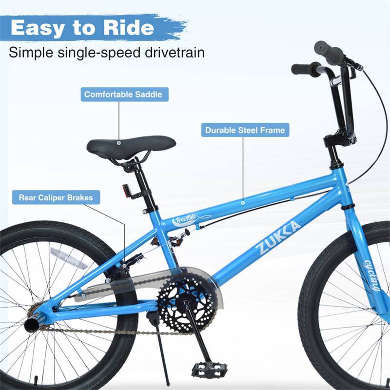 Easy to Ride  
Simple single-speed drivetrain  
Comfortable Saddle  
Durable Steel Frame  
Rear Caliper Brakes  
freestute ZUKKA cycling