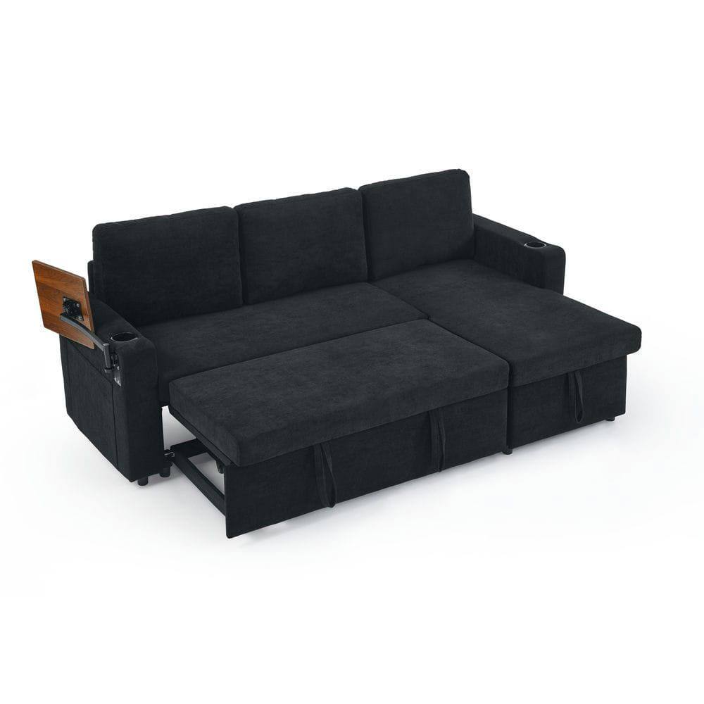 Alt View 1. Kadyn - Pull-Out Sleeper Sofa with Retractable Table, Features LED Lights, USB Ports, and Cup Holders, Black - Black.