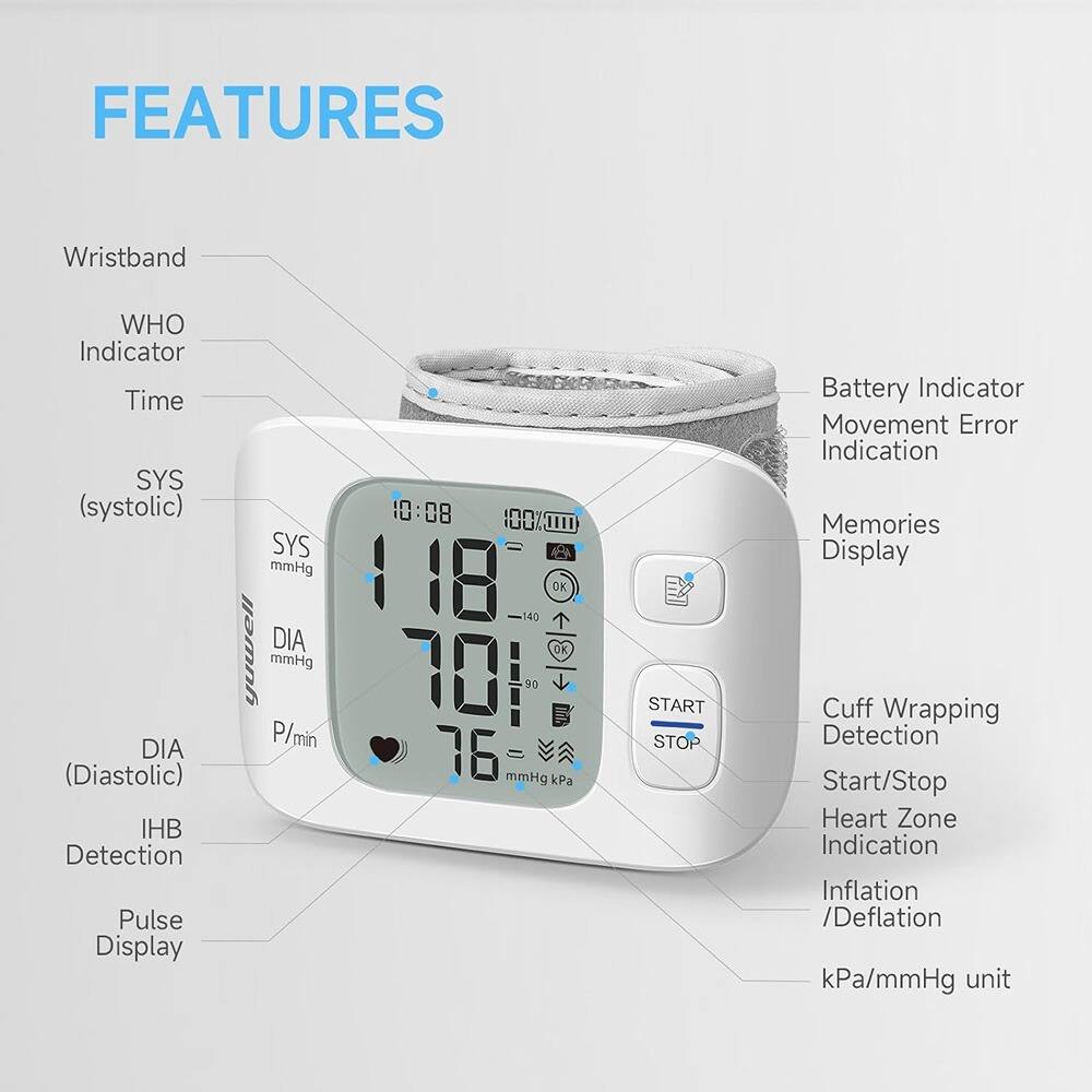 **FEATURES**

- Wristband
- WHO Indicator
- Time
- SYS (systolic)
- DIA (Diastolic)
- IHB Detection
- Pulse Display
- SYS mmHg
- DIA mmHg
- P/min
- Battery Indicator
- Movement Error Indication
- Memories Display
- Cuff Wrapping Detection
- Start/Stop
- Heart Zone Indication
- Inflation / Deflation
- kPa/mmHg unit

**Display:**
- 10:08
- 118
- 70
- 76 mmHg
- kPa

**Buttons:**
- START
- STOP

**Indicators:**
- 100%
- 0%
- 0%
- 0%
- 0%
