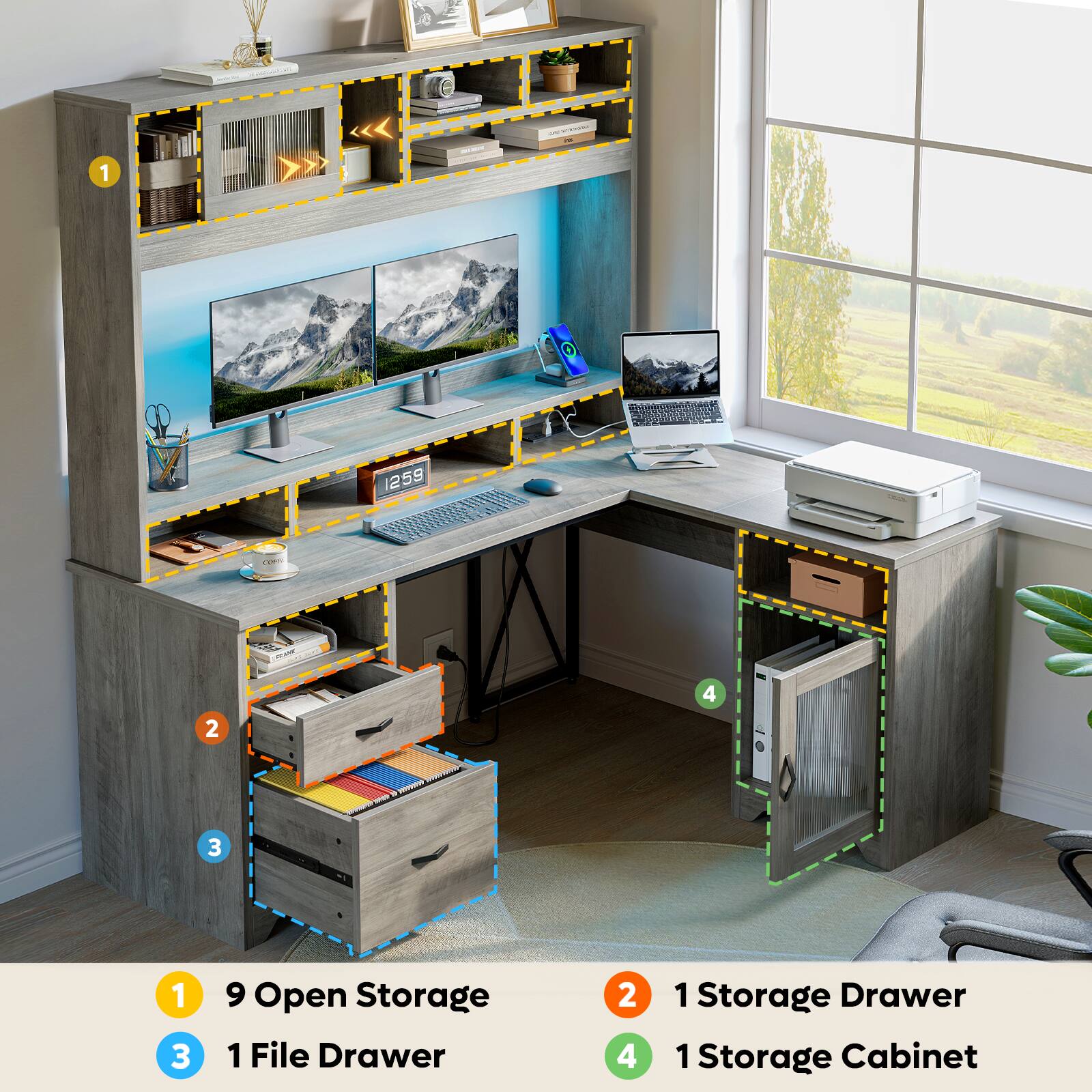 1 - 9 Open Storage  
2 - 1 Storage Drawer  
3 - 1 File Drawer  
4 - 1 Storage Cabinet