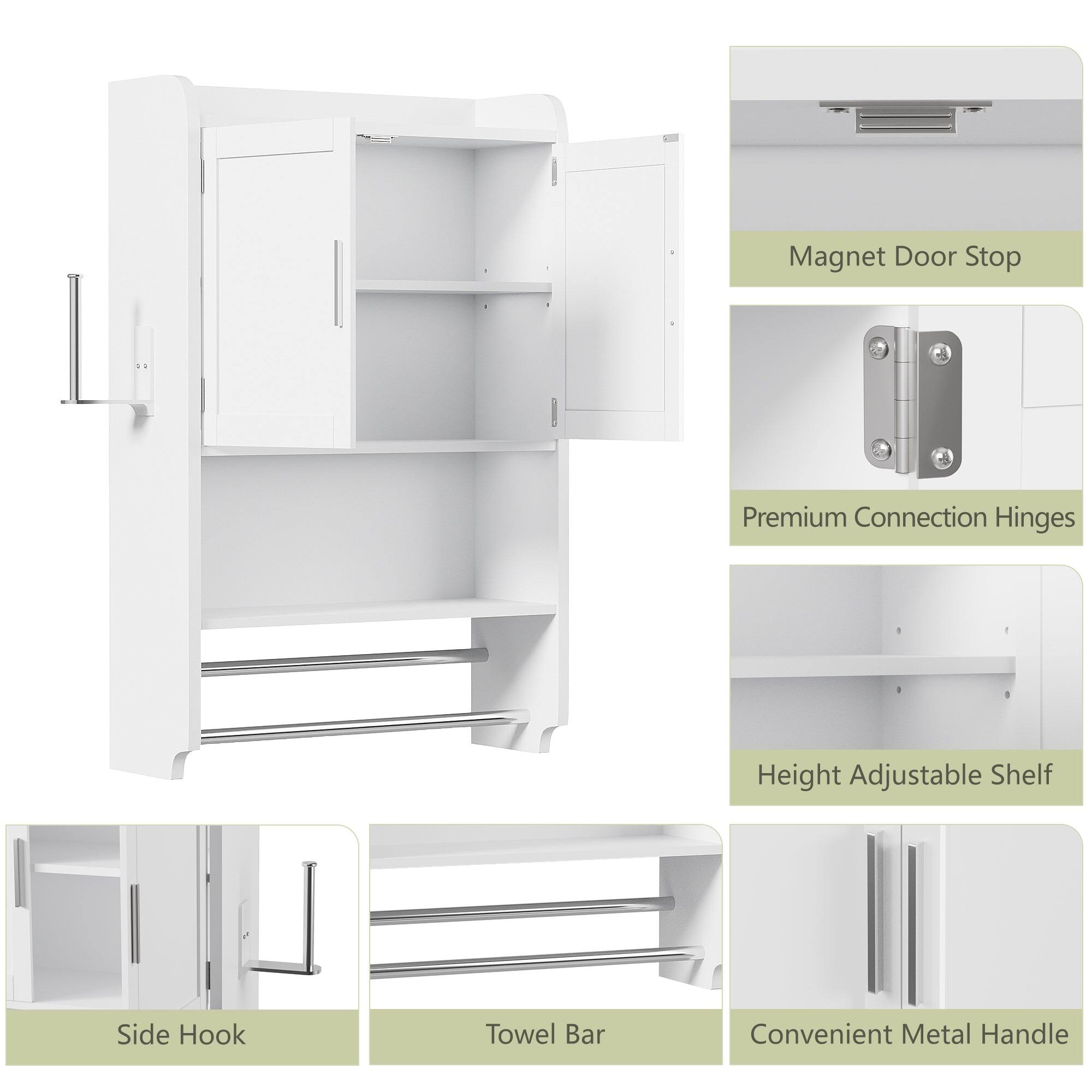 - Magnet Door Stop
- Premium Connection Hinges
- Height Adjustable Shelf
- Side Hook
- Towel Bar
- Convenient Metal Handle