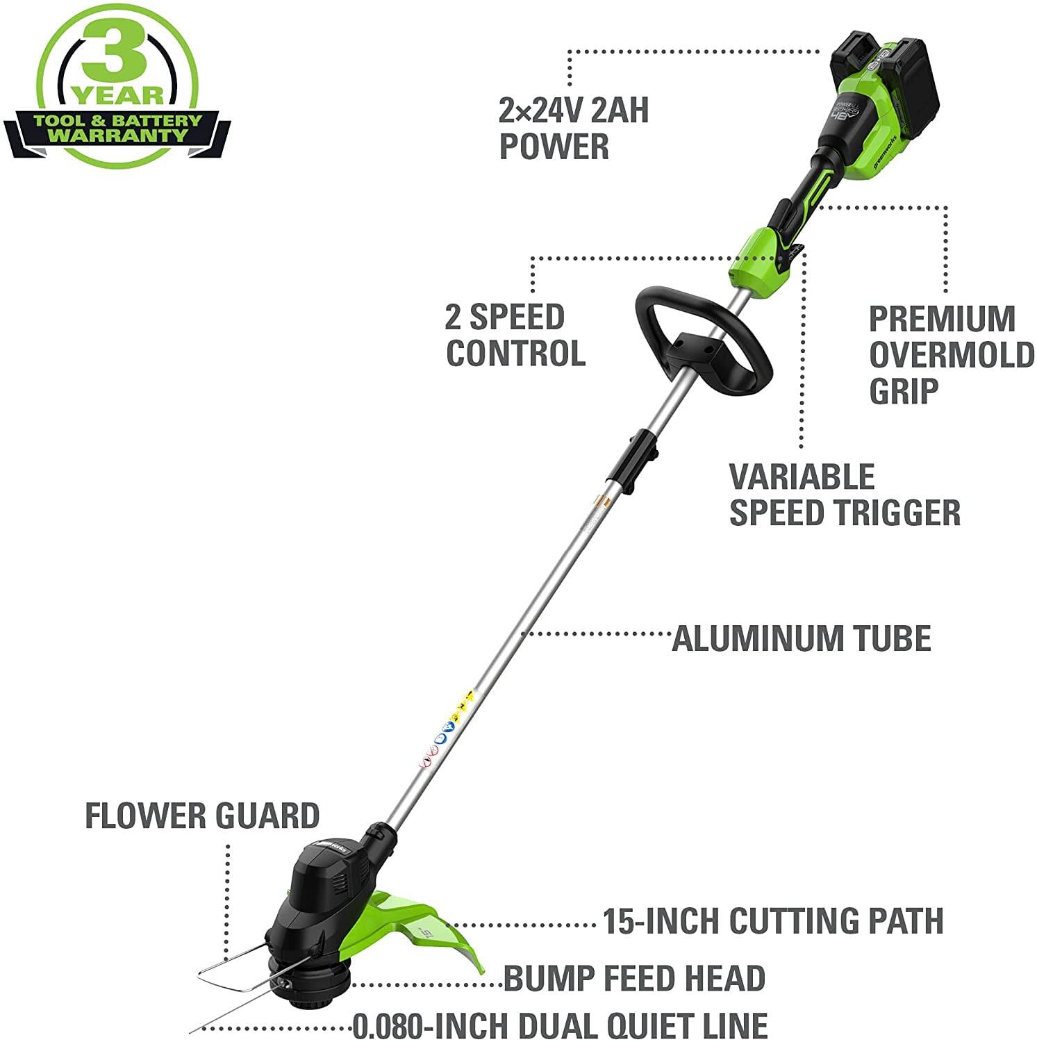 3 YEAR TOOL & BATTERY WARRANTY

2x24V 2AH POWER

2 SPEED CONTROL

PREMIUM OVERMOLD GRIP

VARIABLE SPEED TRIGGER

ALUMINUM TUBE

FLOWER GUARD

15-INCH CUTTING PATH

BUMP FEED HEAD

0.080-INCH DUAL QUIET LINE