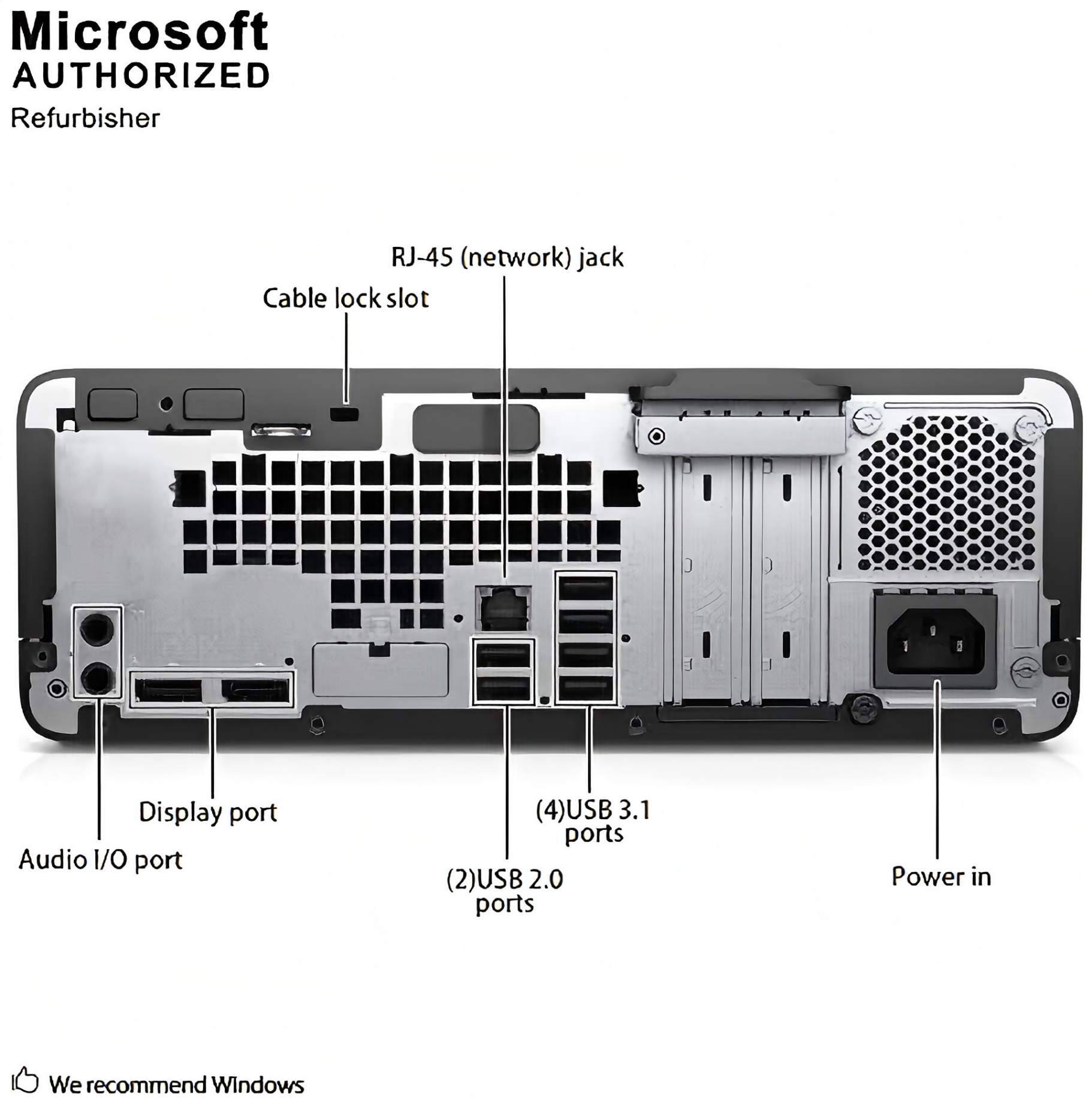 Microsoft AUTHORIZED Refurbisher

- RJ-45 (network) jack
- Cable lock slot
- Display port
- Audio I/O port
- (4) USB 3.1 ports
- (2) USB 2.0 ports
- Power in

We recommend Windows