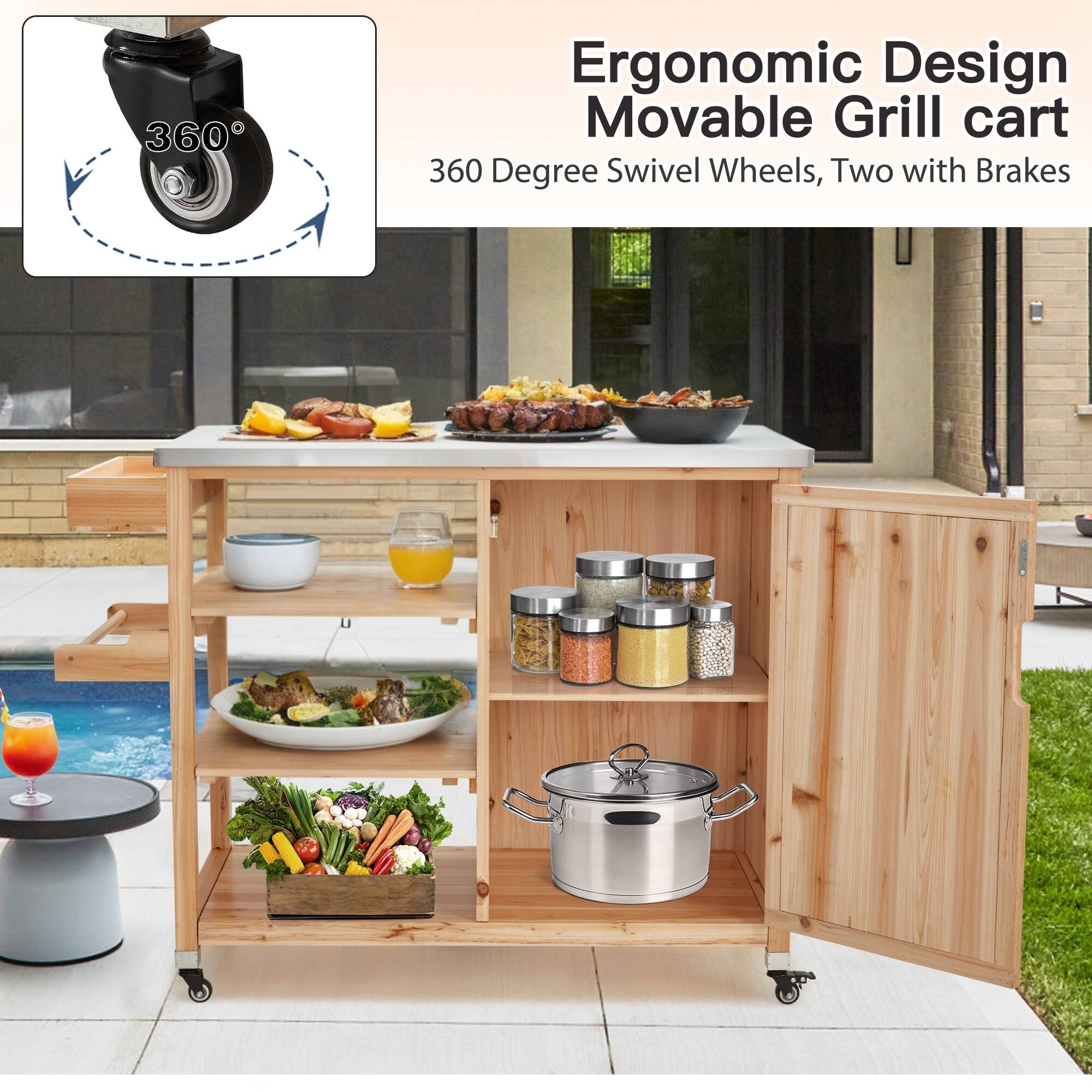 Ergonomic Design Movable Grill Cart  
360 Degree Swivel Wheels, Two with Brakes