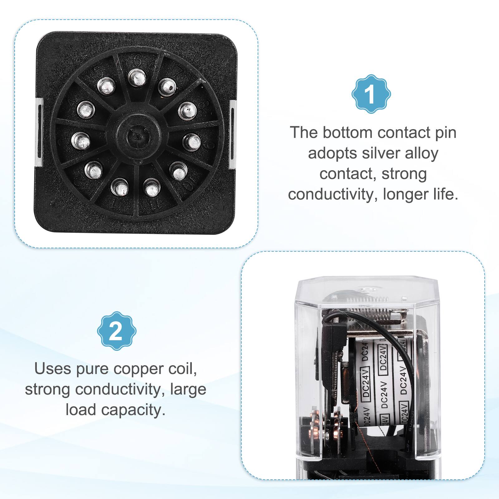 1. The bottom contact pin adopts silver alloy contact, strong conductivity, longer life.
2. Uses pure copper coil, strong conductivity, large load capacity.

DC24V DC24V DC24V DC24V DC24V DC24V