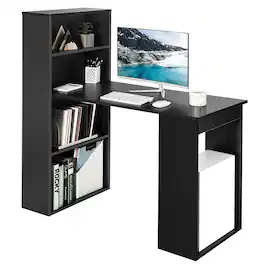 Costway - Computer Desk Writing Workstation Office w/6-Tier Storage Shelves - Black