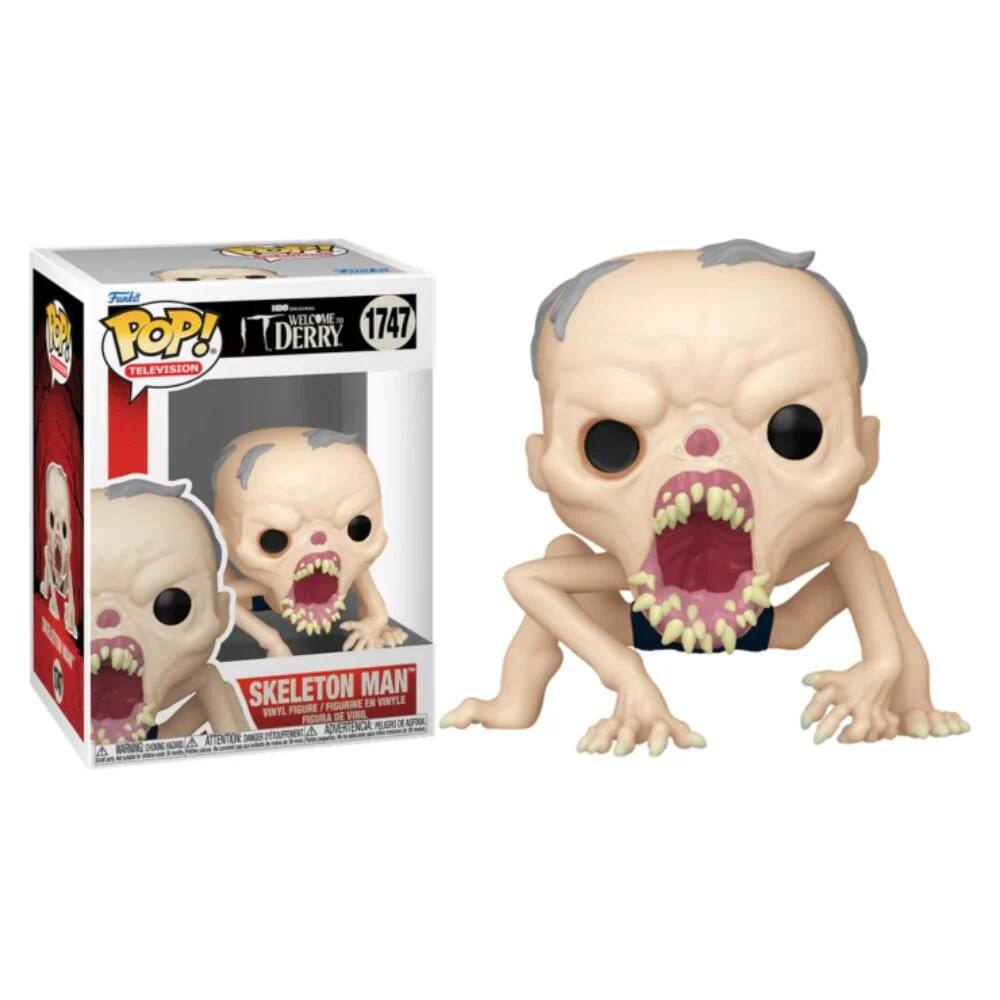 Sure, here is the corrected and grouped text from the image:

---

**Funko**

**POP!**

**TELEVISION**

**WELCOME TO DERRY**

**1747**

**SKELETON MAN**

**VINYL FIGURE / FIGURINE EN VINYLE**

**WARNING: CHOKING HAZARD - SMALL PARTS. NOT FOR CHILDREN UNDER 3 YEARS.**

**ATTENTION: PELIGRO DE AHOGO - PIEZAS PEQUEÑAS. NO APTO PARA NIÑOS MENORES DE 3 AÑOS.**

**ADVERTENCIA: PELIGRO DE AHOGO - PIEZAS PEQUEÑAS. NO APTO PARA NIÑOS MENORES DE 3 AÑOS.**

---