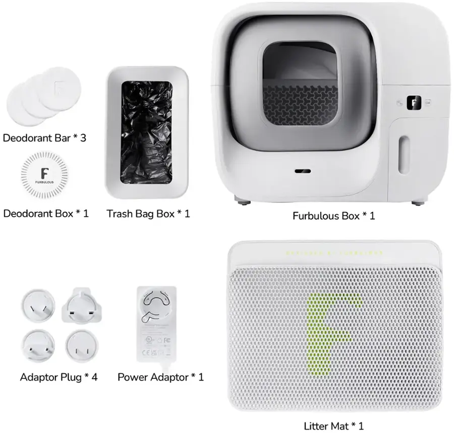 Group: Deodorant Bar

* Deodorant Bar 3

Group: Deodorant Box

* Deodorant Box 1

Group: Trash Bag

* Trash Bag 1

Group: Furbulous Box

* Furbulous Box 1

Group: Adaptor Plug

* Adaptor Plug 4

Group: Power Adapter

* Power Adapter 1

Group: Litter Mat

* Litter Mat 1