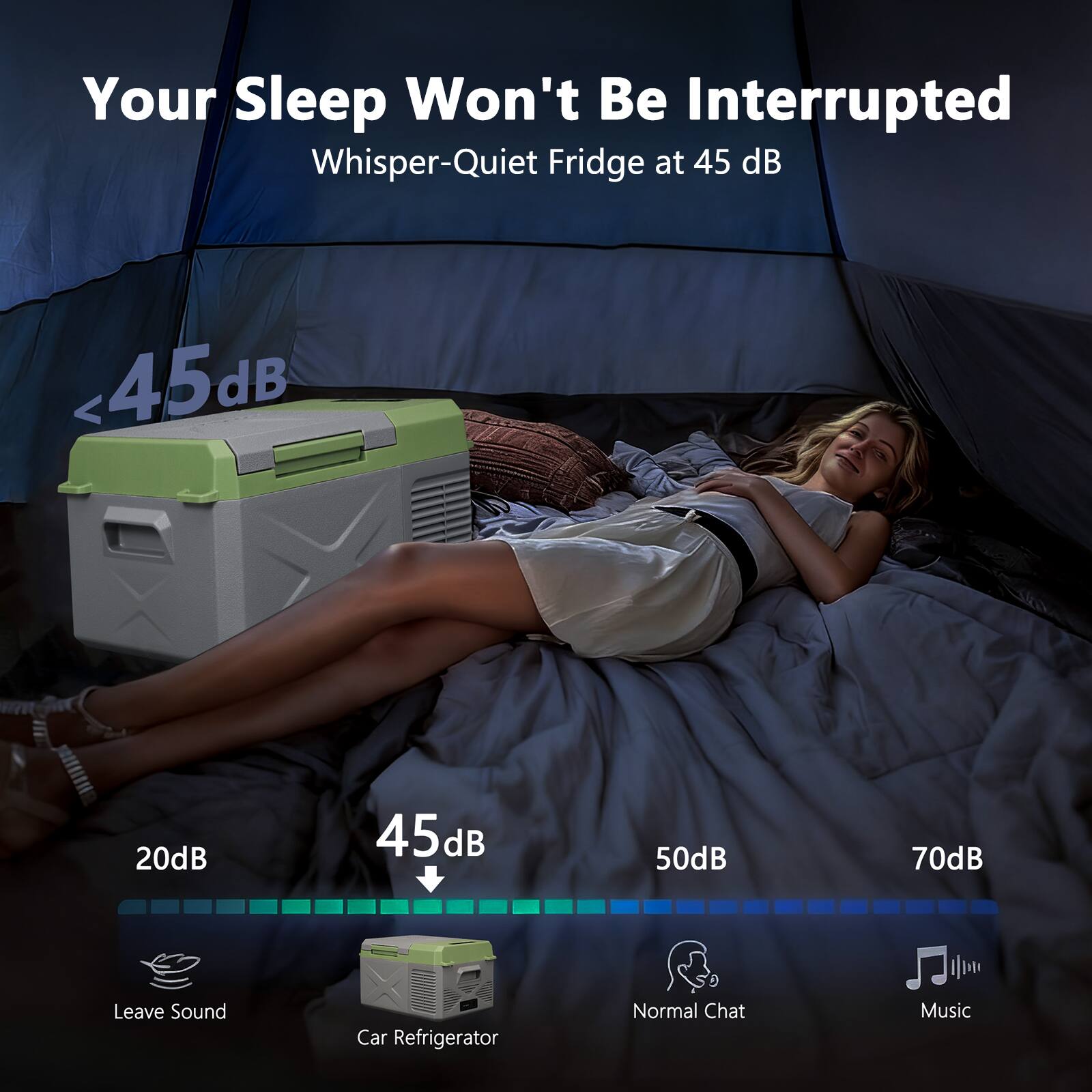 Your Sleep Won't Be Interrupted  
Whisper-Quiet Fridge at 45 dB  

<45 dB  

20 dB  
Leave Sound  

45 dB  
Car Refrigerator  

50 dB  
Normal Chat  

70 dB  
Music