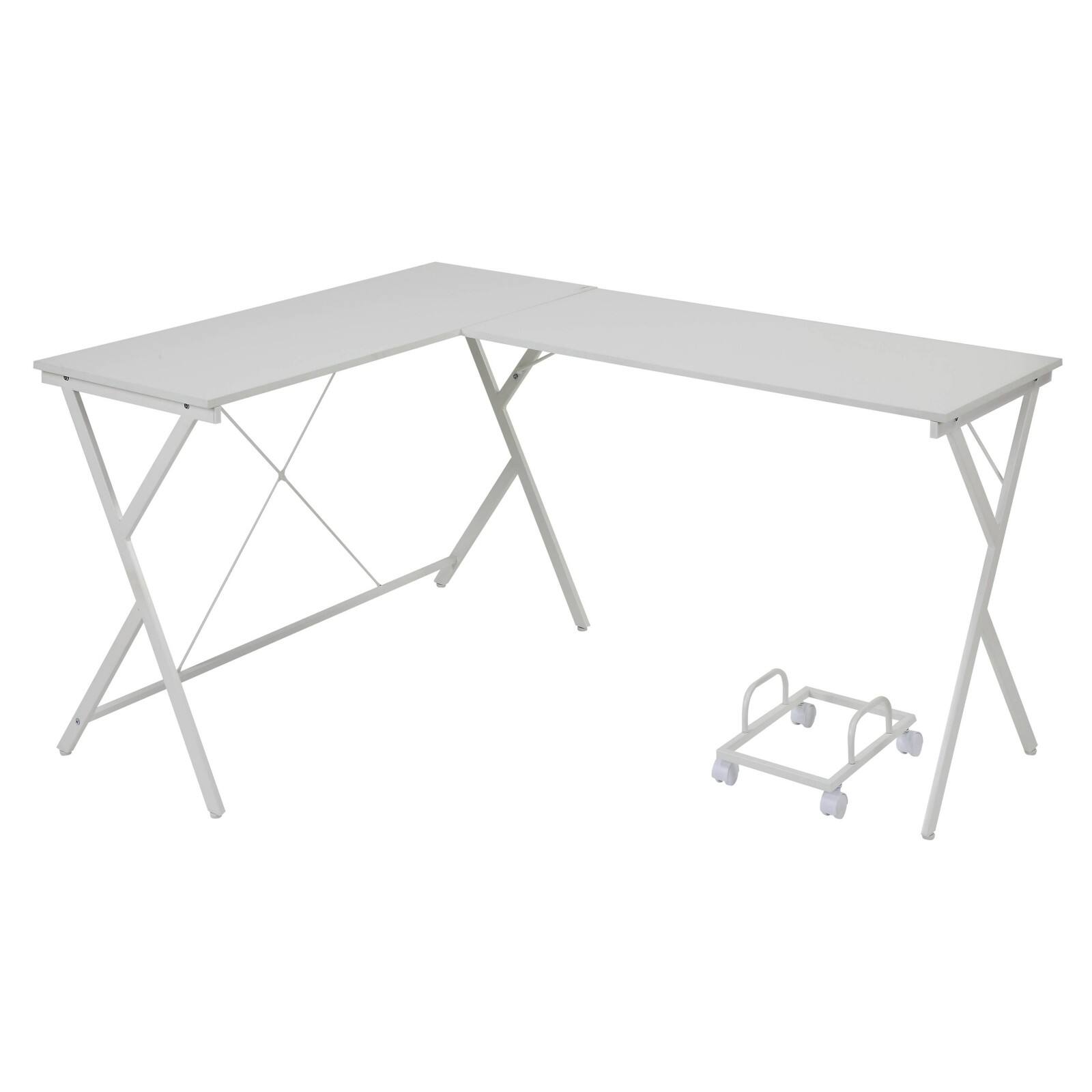 Glintex - L-Shaped Corner Desk with Dual Spacious Tops, Sturdy X-Frame Metal Base and Mobile CPU Holder for Small Spaces - White