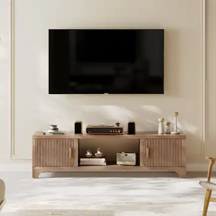 Front. Sugift - 58" Mid Century Modern TV Stand for TVs up to 80 Inches with Storage Media Console Cabinet - Natural.