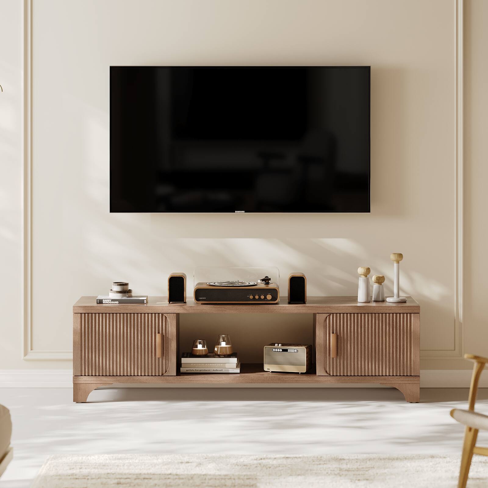 Front. Sugift - 58" Mid Century Modern TV Stand for TVs up to 80 Inches with Storage Media Console Cabinet - Natural.