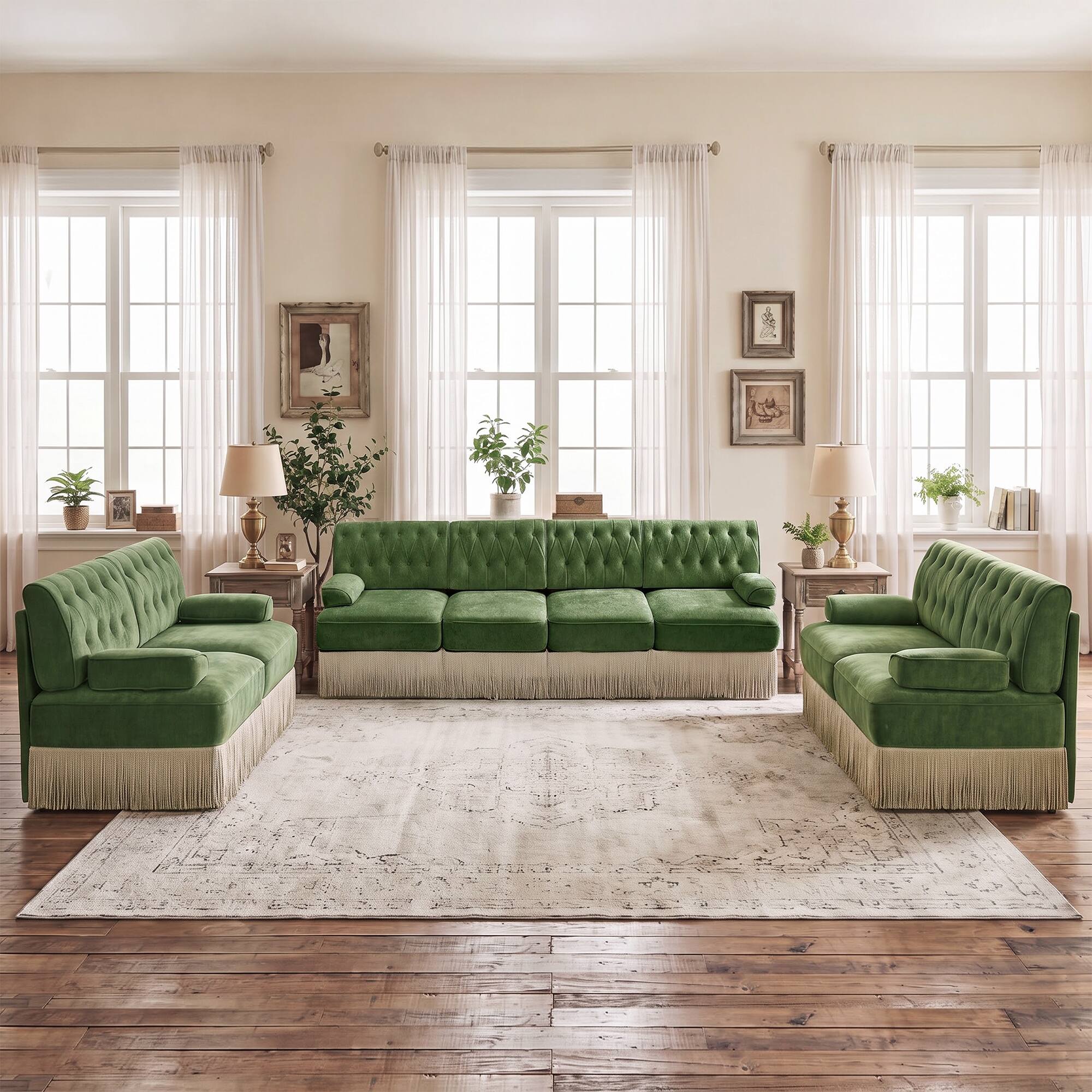 Angle. Anysun - Chesterfield Upholstered 3‑Piece Sofa Set, 2Pcs 2-Seater & 1Pc 4-Seater Button-Tufted Velvet Couch with Tassel Skirt - Green.