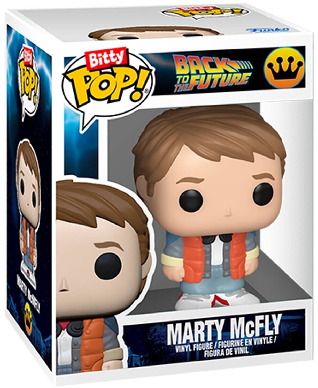The text on the image is: "Bitty Pop! Back to the Future Marty McFly Vinyl Figure / Figurine en Vinyle / Figura de Vinil."