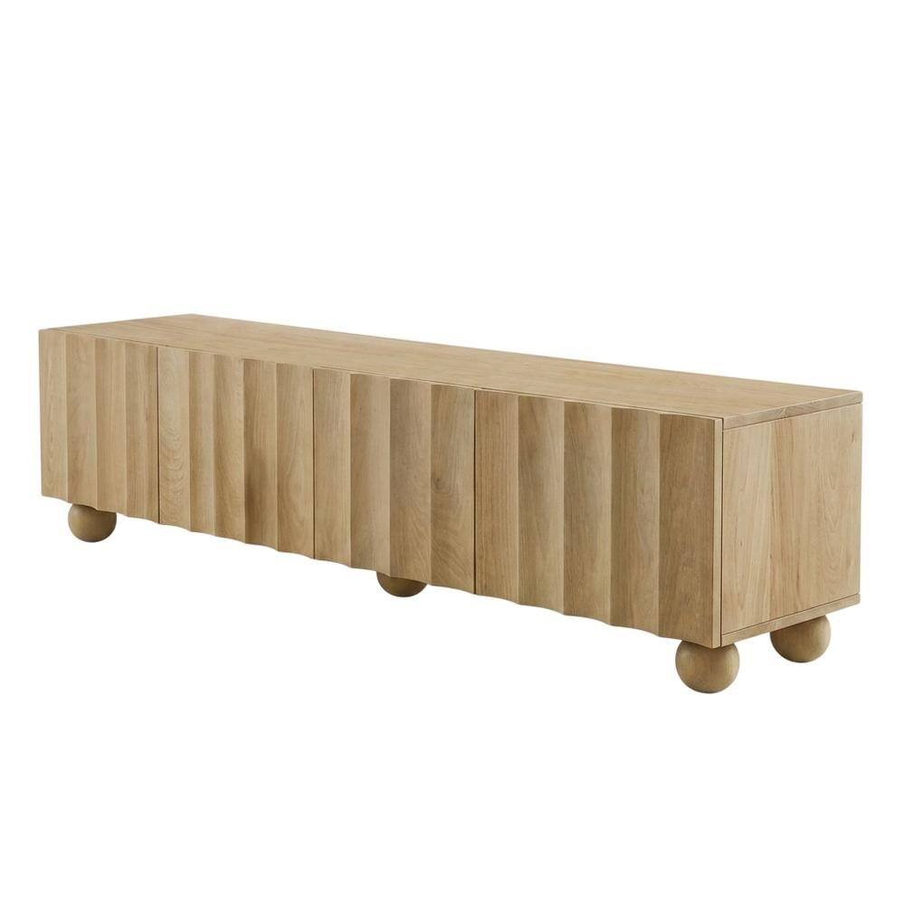 Front. FurniFact - Scalloped Wood TV Stand in Warm Finish with Open Storage Compartments - Brown.