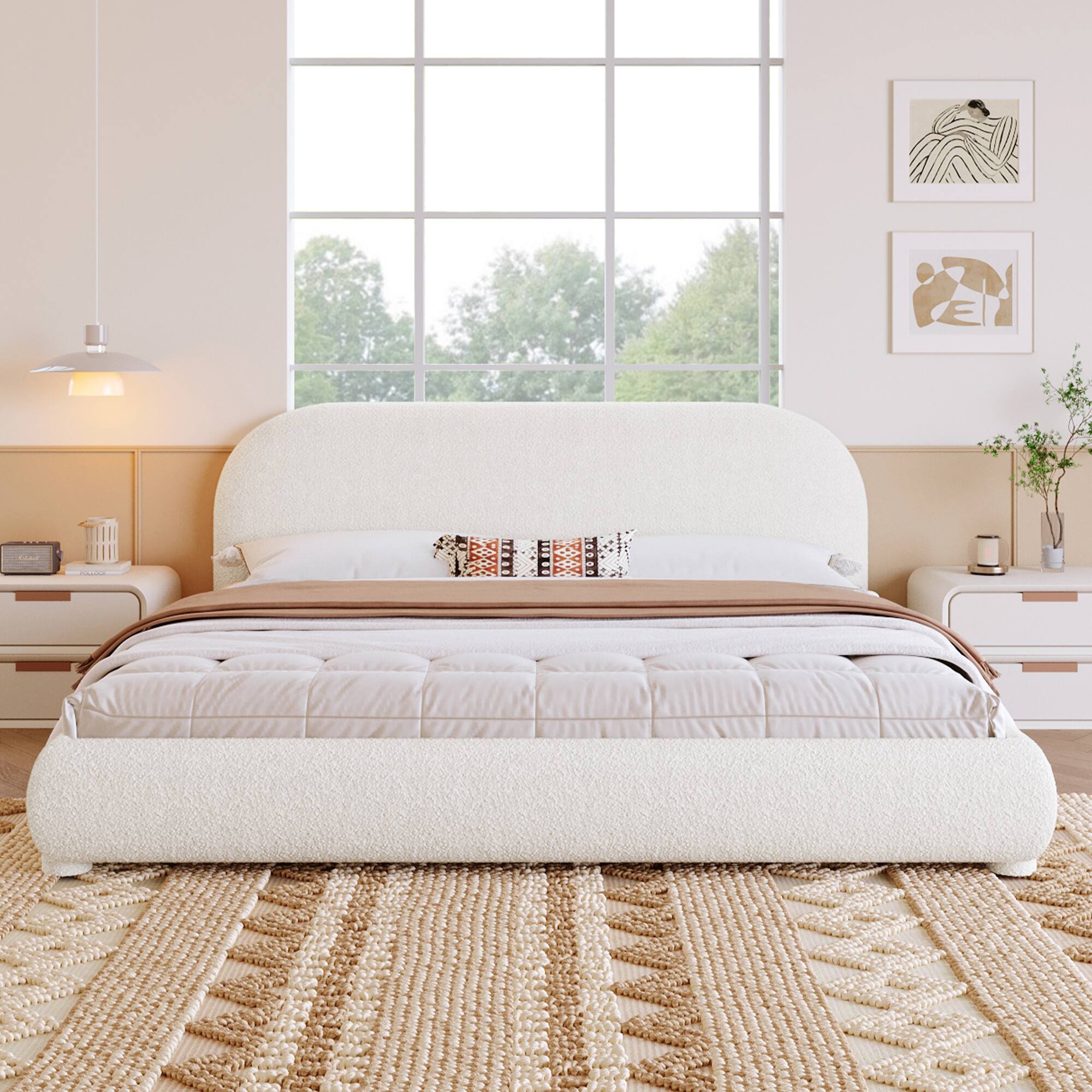 Front. TinyHomie - Cream Style Fabric Upholstered Bed Simple Modern Bedroom Double Bed King - Cream.