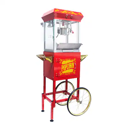 Front. WETIE - Popcorn Maker with Cart & Wheels, 8Oz Popcorn Machine w/ Locker, Stainless Steel Kettle Heated, 7QT per Batch, 650W - Red.