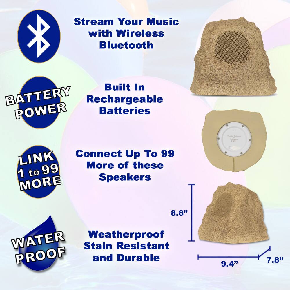 - Stream Your Music with Wireless Bluetooth
- Built In Rechargeable Batteries
- Connect Up To 99 More of these Speakers
- Weatherproof Stain Resistant and Durable
- BATTERY POWER
- LINK 1 to 99 MORE
- WATER PROOF
- 8.8" x 9.4" x 7.8"