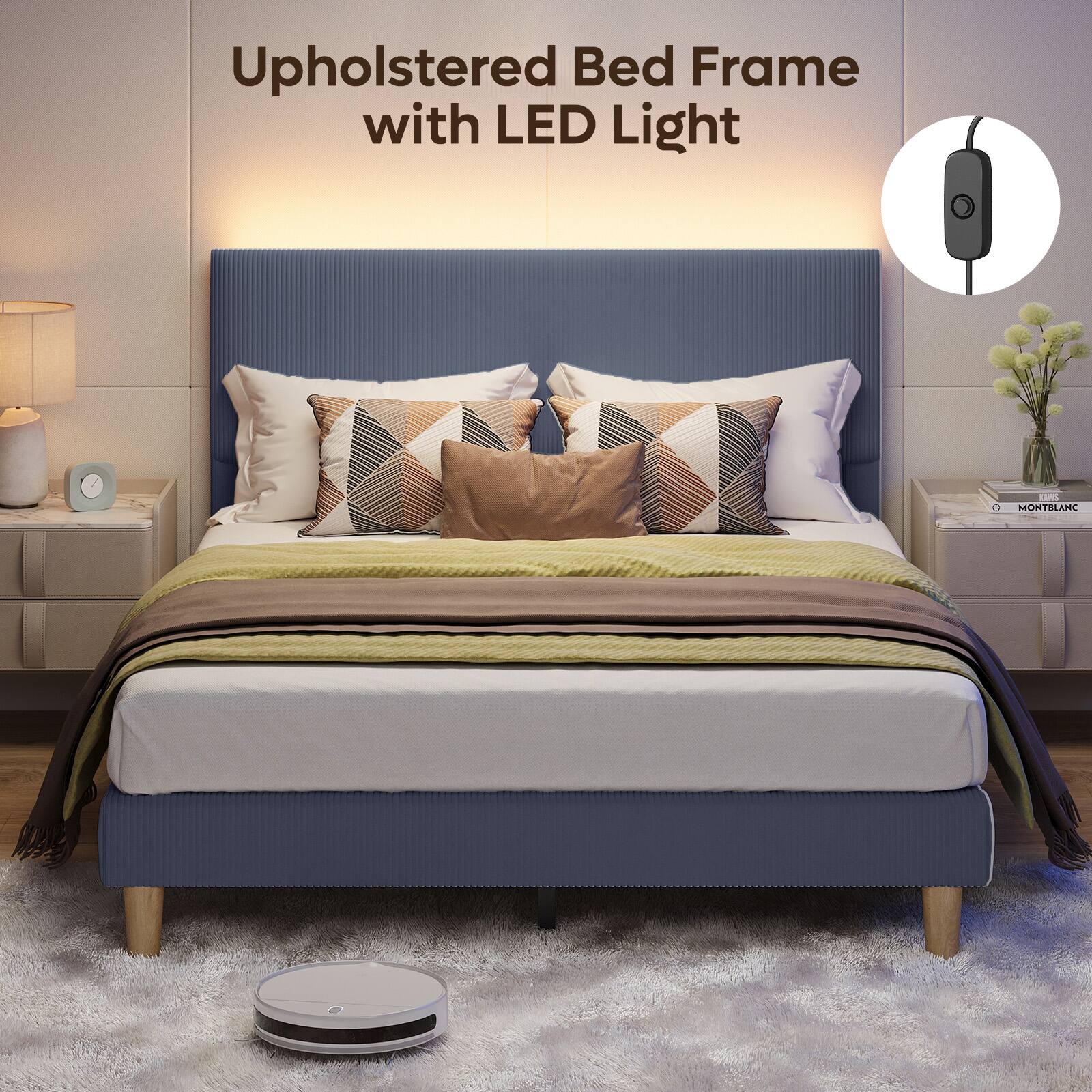 Upholstered Bed Frame with LED Light
