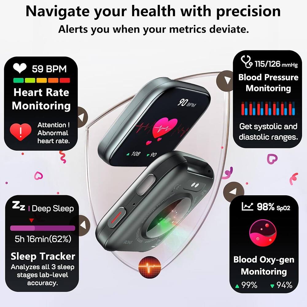 Navigate your health with precision  
Alerts you when your metrics deviate.

- **59 BPM**  
  Heart Rate Monitoring  
  Attention! Abnormal heart rate.

- **115/126 mmHg**  
  Blood Pressure Monitoring  
  Get systolic and diastolic ranges.

- **Zz** | Deep Sleep  
  5h 16min (62%)  
  Sleep Tracker  
  Analyzes all 3 sleep stages lab-level accuracy.

- **98% SpO2**  
  Blood Oxygen Monitoring  
  99%  
  94%