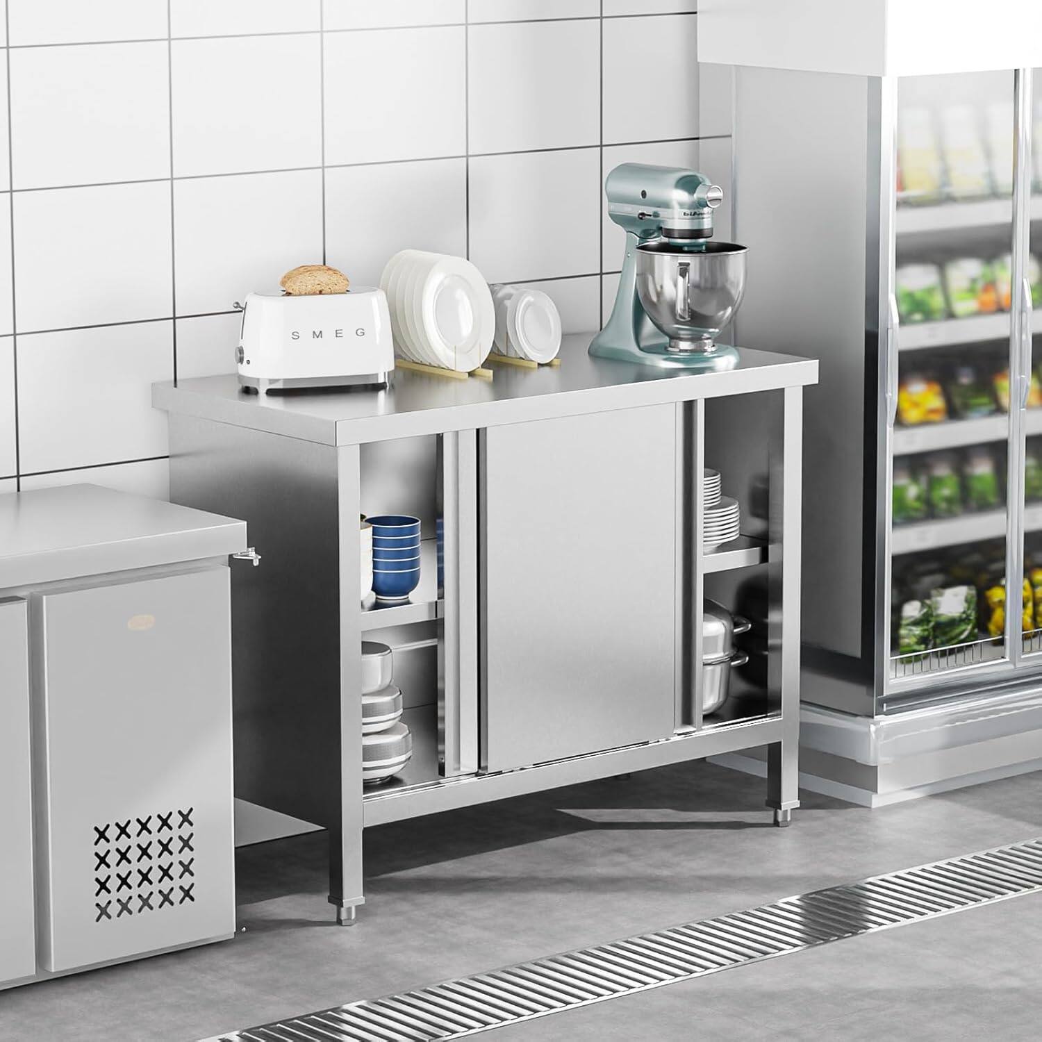 Left. Winado - Commercial Stainless Steel Prep Table Garage Work Table with 2-Tier Cabinet, Sliding Doors, Adjustable & Heightened Feet - Silver.