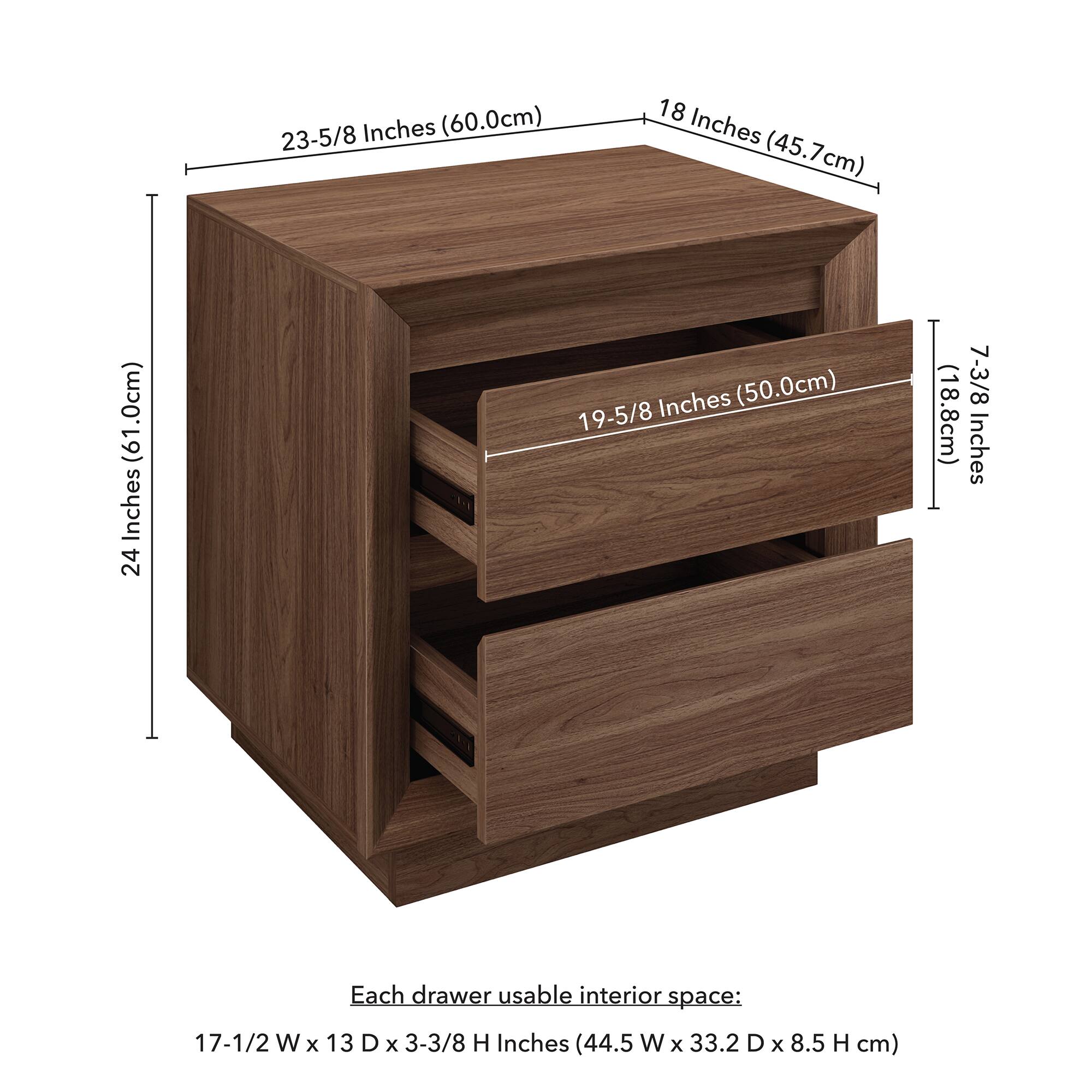23-5/8 Inches (60.0cm)  
18 Inches (45.7cm)  
24 Inches (61.0cm)  
19-5/8 Inches (50.0cm)  
7-3/8 Inches (18.8cm)  

Each drawer usable interior space:  
17-1/2 W x 13 D x 3-3/8 H Inches (44.5 W x 33.2 D x 8.5 H cm)