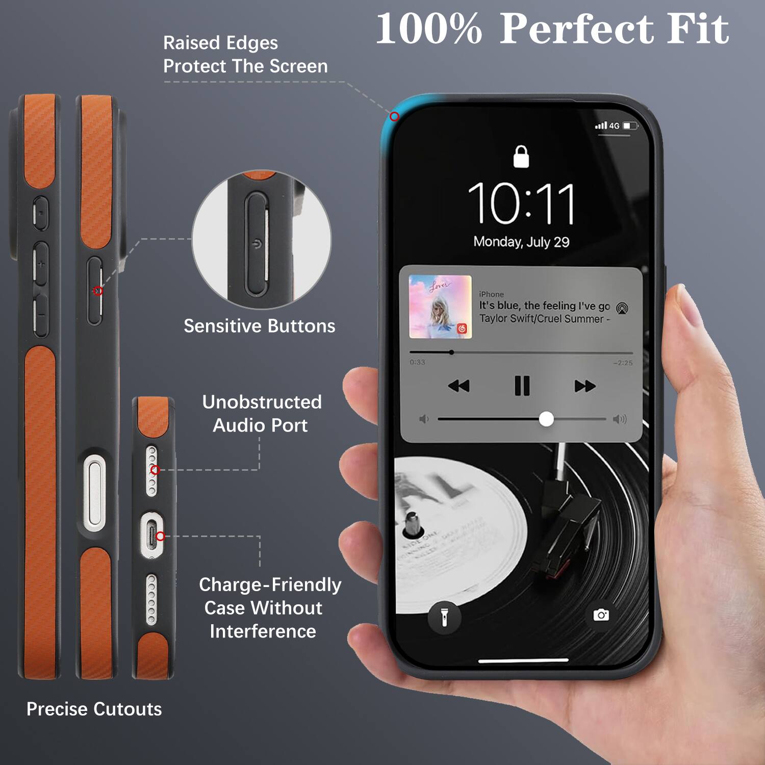 Raised Edges 100% Perfect Fit Protect The Screen  
Sensitive Buttons  
Unobstructed Audio Port  
Charge-Friendly Case Without Interference  
Precise Cutouts  

It's blue, the feeling I've go  
Taylor Swift/Cruel Summer  
0:33 - 2:25