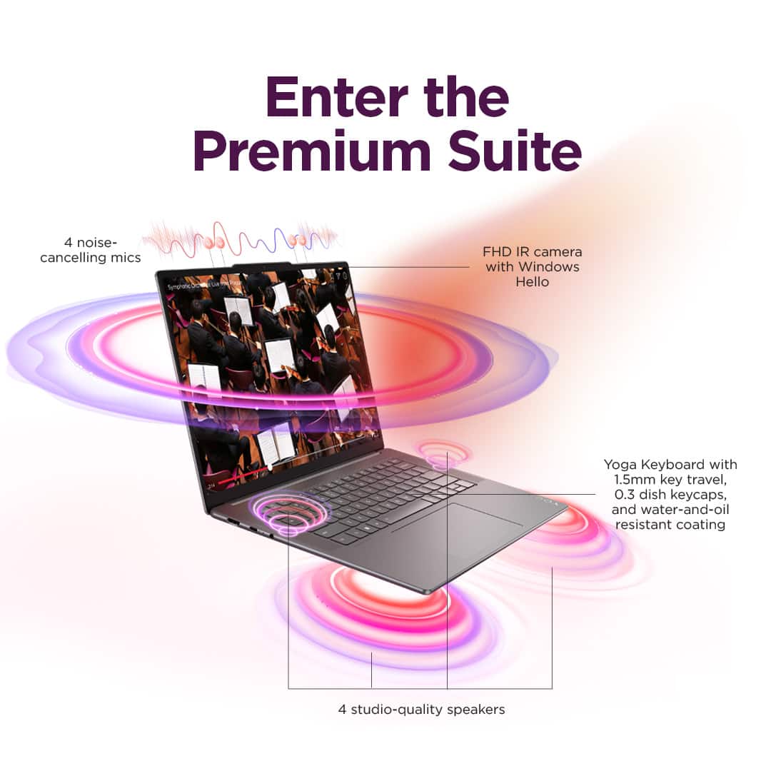 Enter the Premium Suite: 4 noise-cancelling mics, FHD IR camera with Windows Hello, Yoga Keyboard with 1.5mm key travel, 0.3 dish keycaps, and water-and-oil resistant coating, 4 studio-quality speakers.