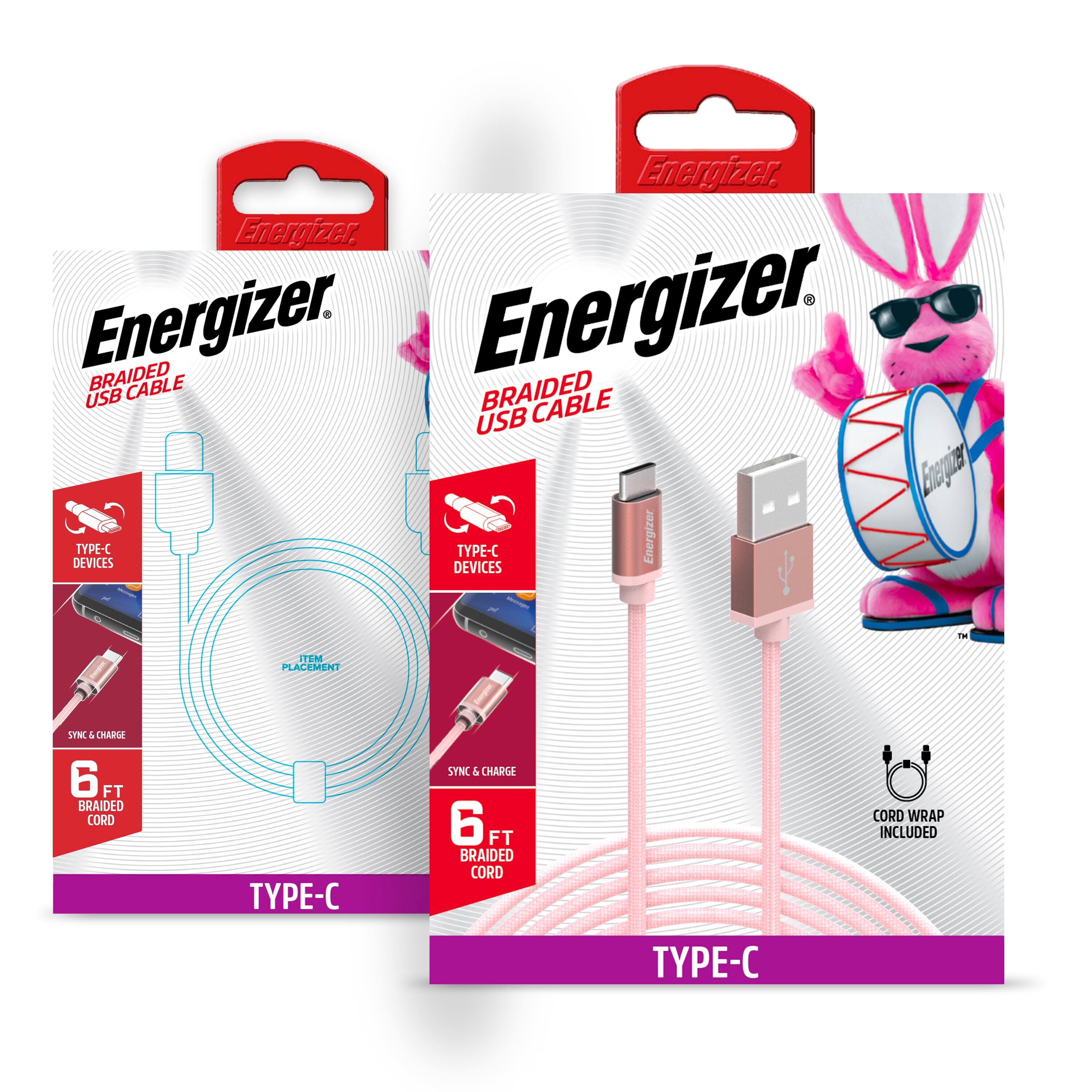 Energizer, Energizer, Energizer. BRAIDED CABLE USB CABLE USB DEVICES TYPE-C TYPE-C ITEM PLACEMENT 6 FT BRAIDED CORD TYPE-C SYNC & CHARGE 6 FT BRAIDED CORD CORD WRAP INCLUDED TYPE-C
