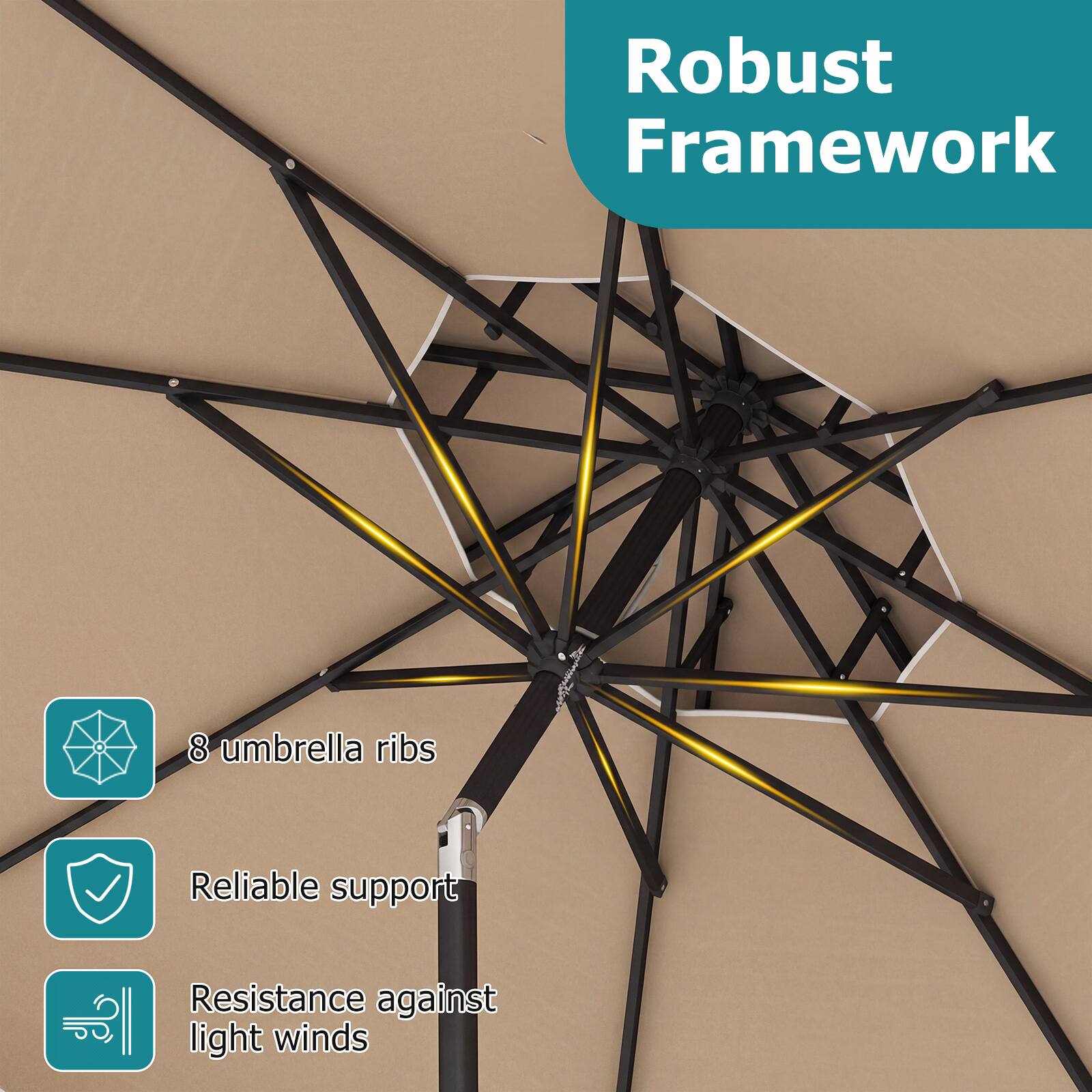 Robust Framework

- 8 umbrella ribs
- Reliable support
- Resistance against light winds